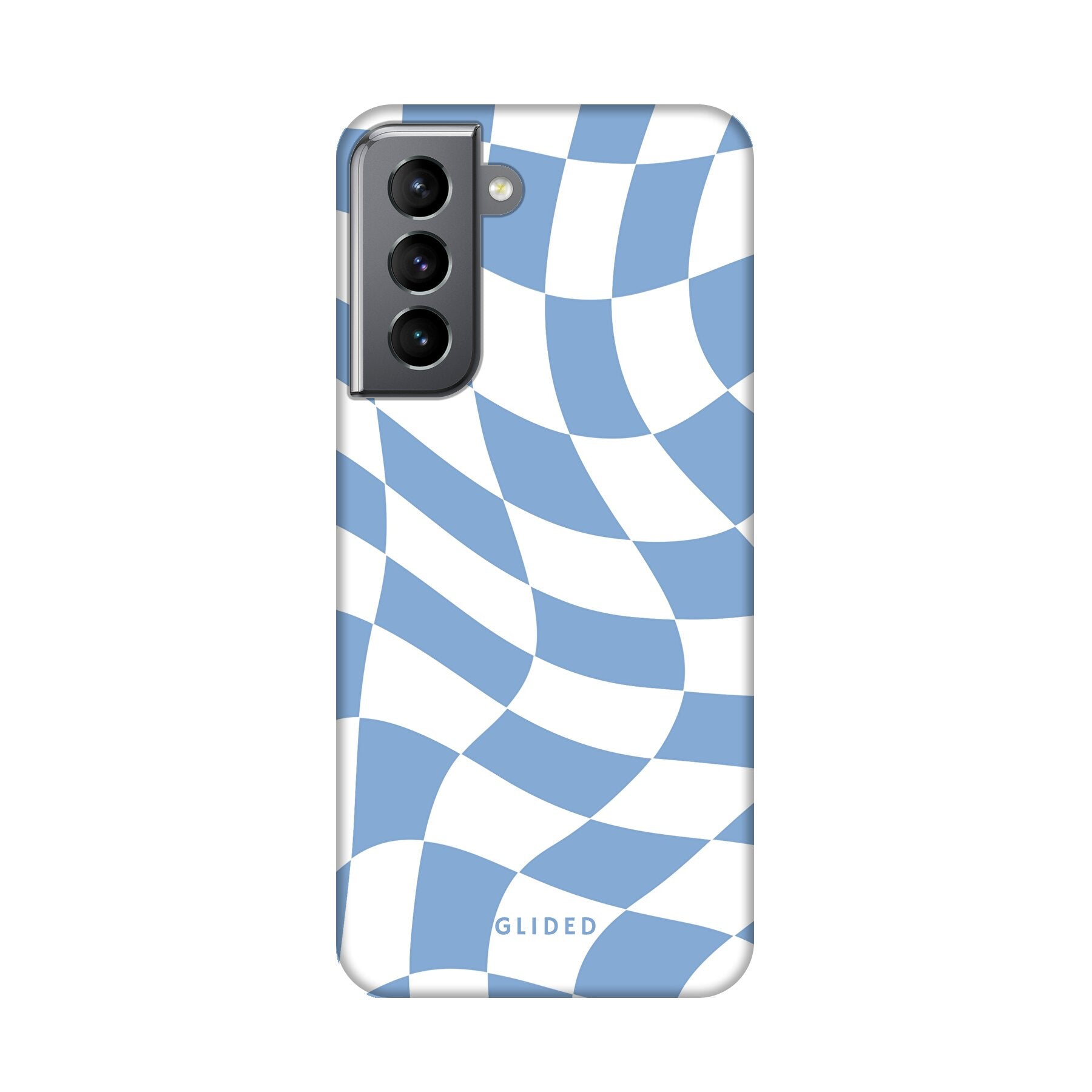 Elegante Blue Chess Handyhülle für Samsung Galaxy S21 5G mit Schachbrettmuster in verschiedenen Blautönen.