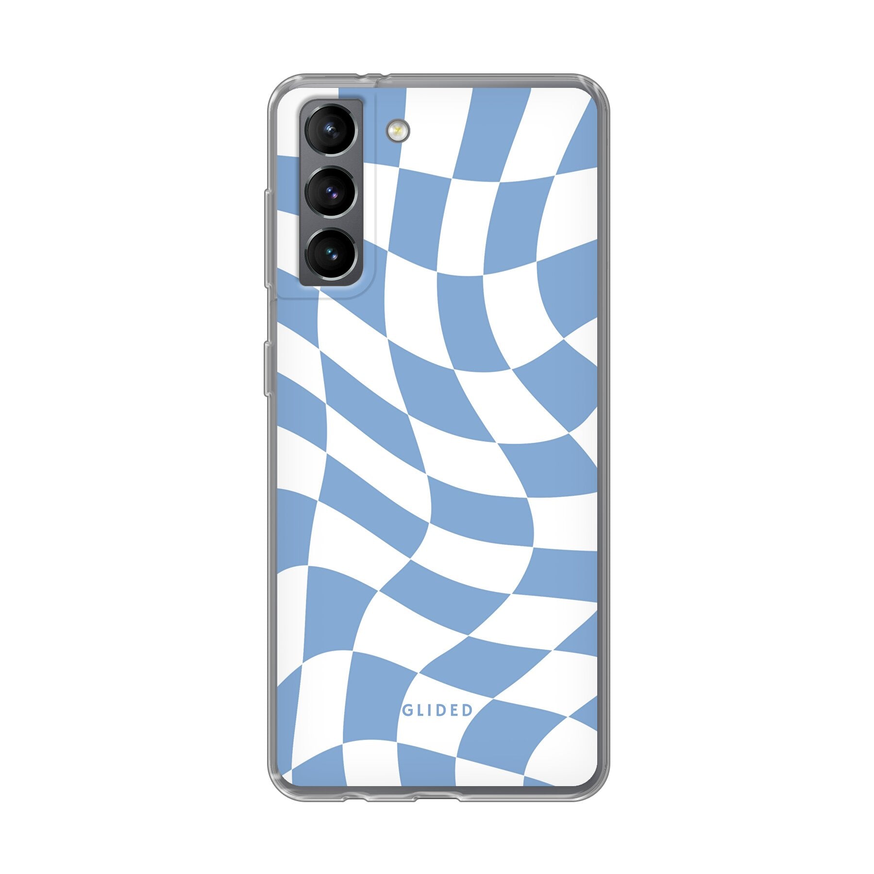 Elegante Blue Chess Handyhülle für Samsung Galaxy S21 5G mit Schachbrettmuster in verschiedenen Blautönen.