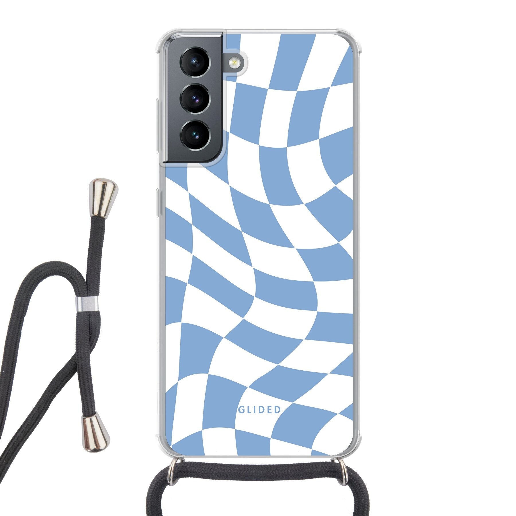 Elegante Blue Chess Handyhülle für Samsung Galaxy S21 5G mit Schachbrettmuster in verschiedenen Blautönen.