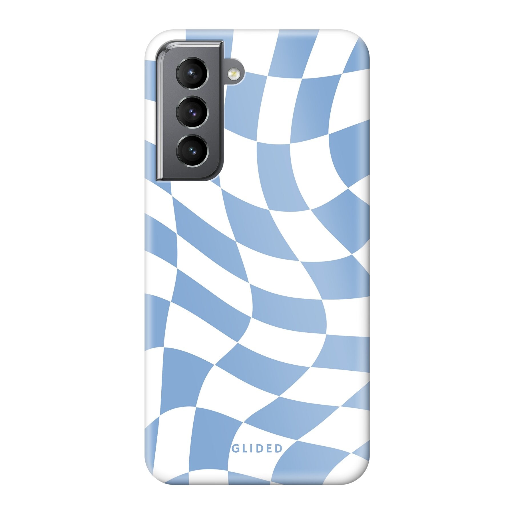 Elegante Blue Chess Handyhülle für Samsung Galaxy S21 5G mit Schachbrettmuster in verschiedenen Blautönen.