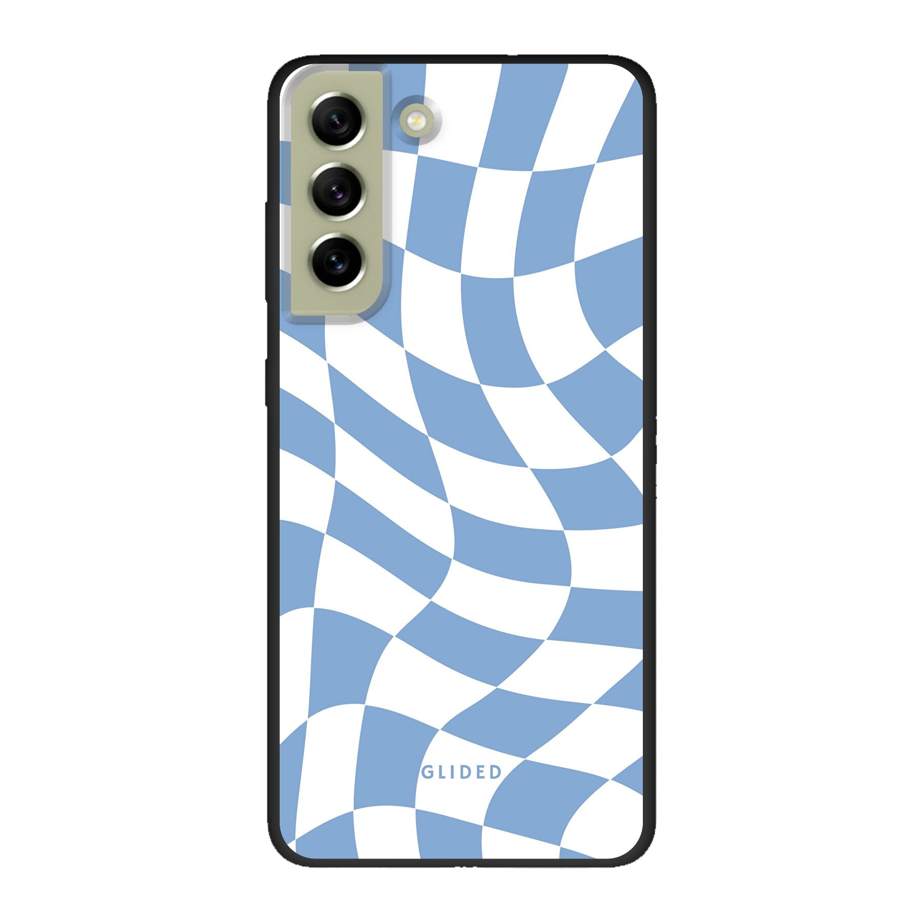 Elegante Blue Chess Handyhülle für Samsung Galaxy S21 FE mit stilvollem Schachbrettmuster in verschiedenen Blautönen.