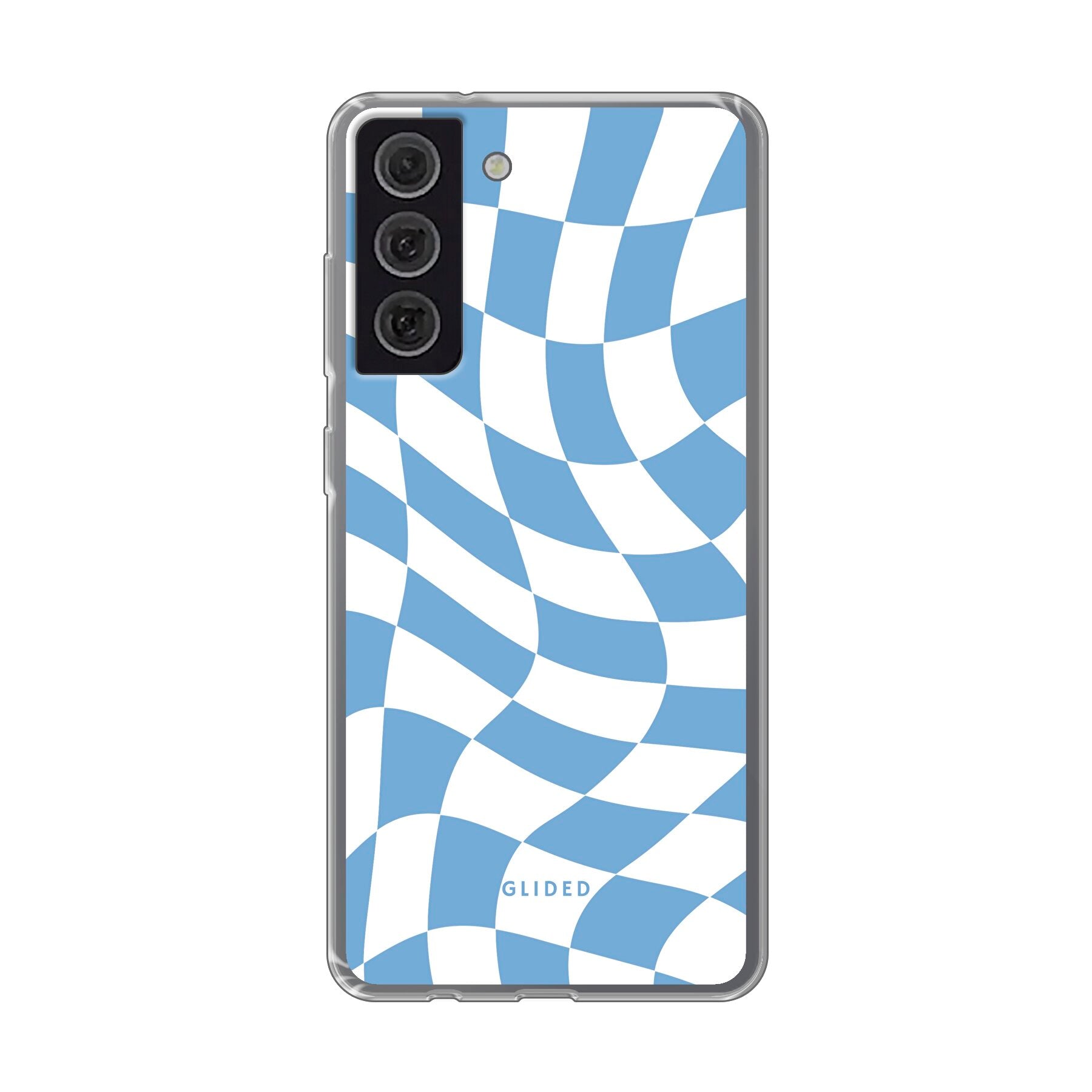 Elegante Blue Chess Handyhülle für Samsung Galaxy S21 FE mit stilvollem Schachbrettmuster in verschiedenen Blautönen.