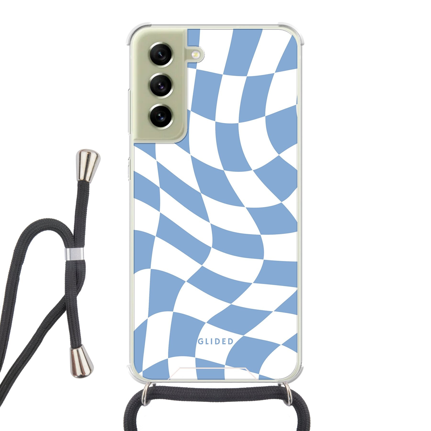 Elegante Blue Chess Handyhülle für Samsung Galaxy S21 FE mit stilvollem Schachbrettmuster in verschiedenen Blautönen.