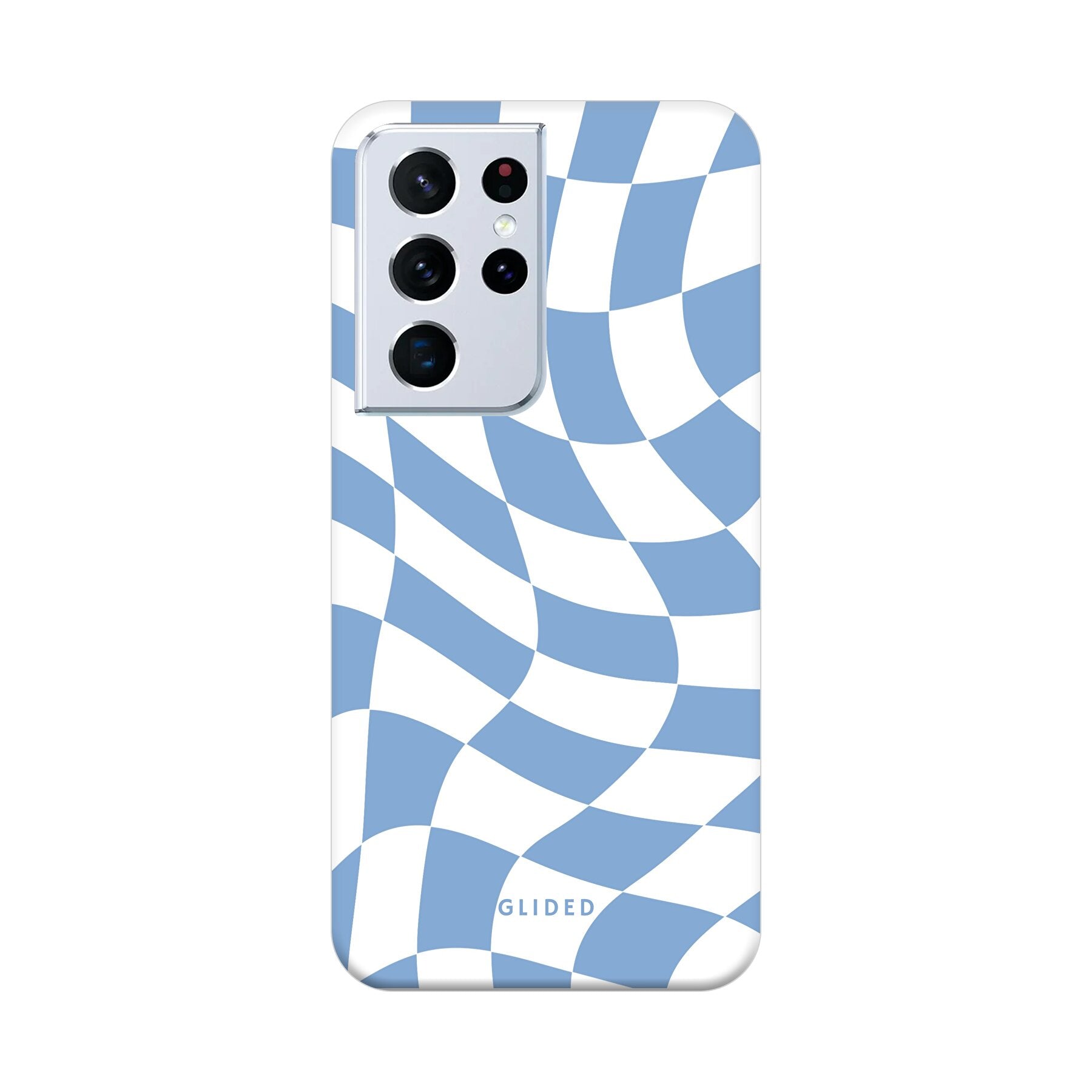 Elegante Blue Chess Handyhülle für Samsung Galaxy S21 Ultra 5G mit stilvollem Schachbrettmuster in verschiedenen Blautönen.