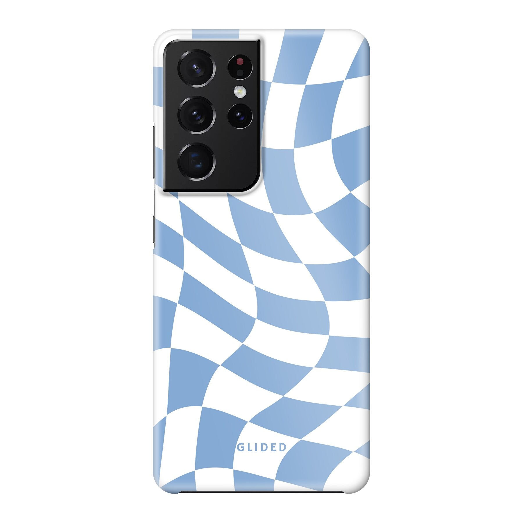 Elegante Blue Chess Handyhülle für Samsung Galaxy S21 Ultra 5G mit stilvollem Schachbrettmuster in verschiedenen Blautönen.