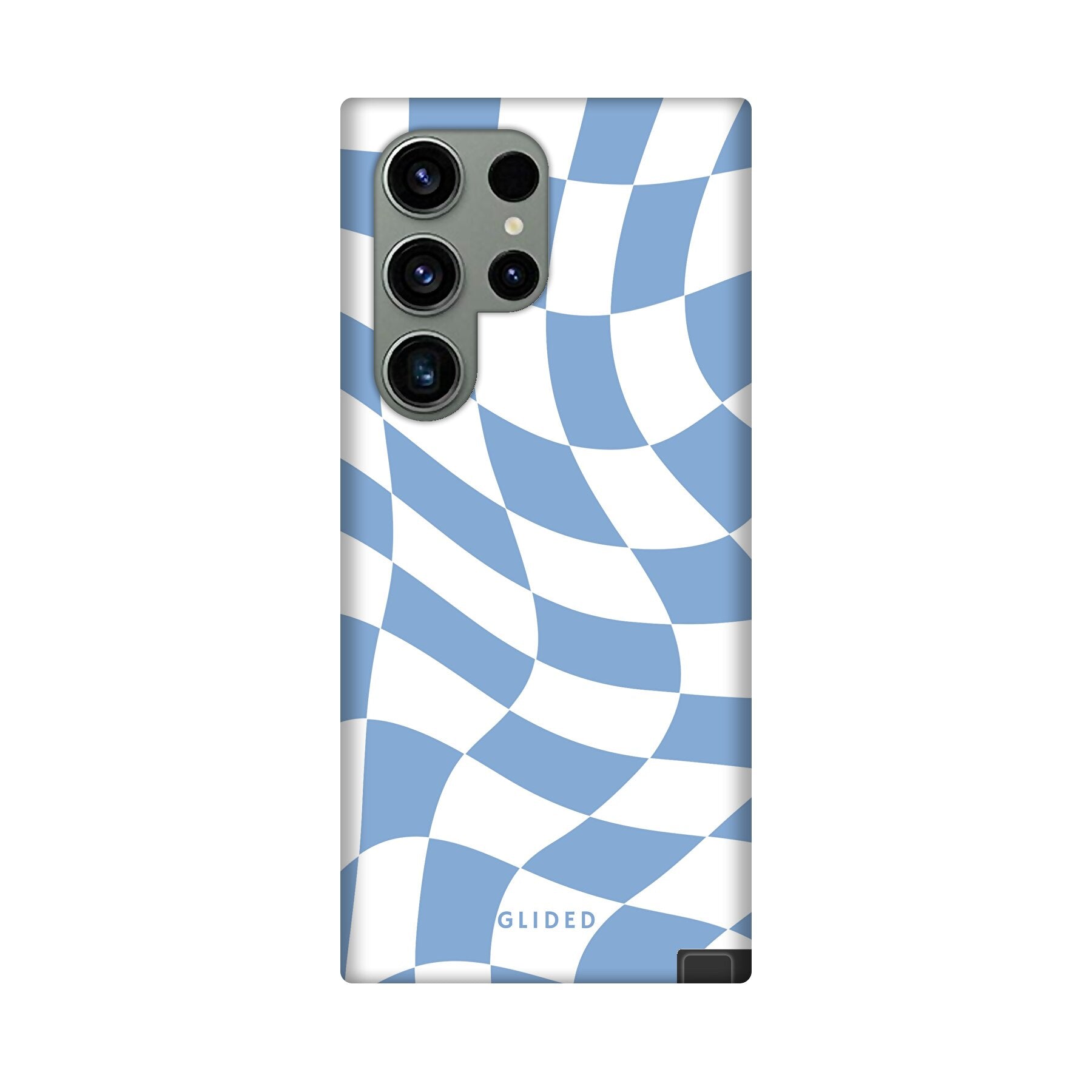 Elegante Blue Chess Handyhülle für Samsung Galaxy S24 Ultra mit Schachbrettmuster in verschiedenen Blautönen.