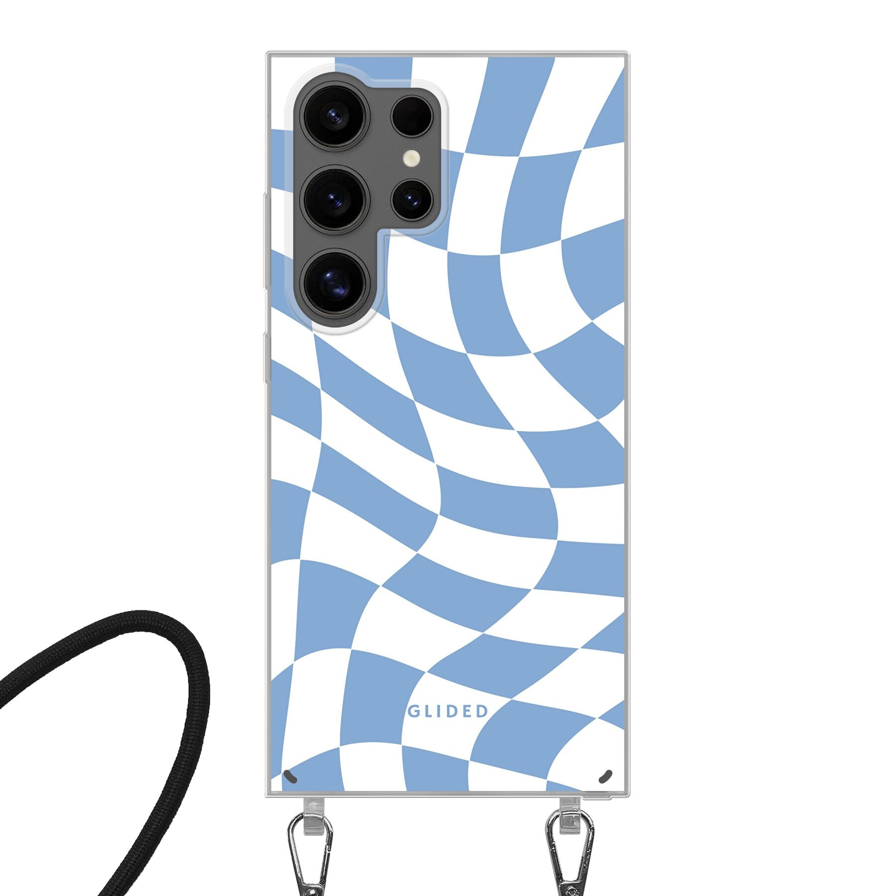 Elegante Blue Chess Handyhülle für Samsung Galaxy S24 Ultra mit Schachbrettmuster in verschiedenen Blautönen.