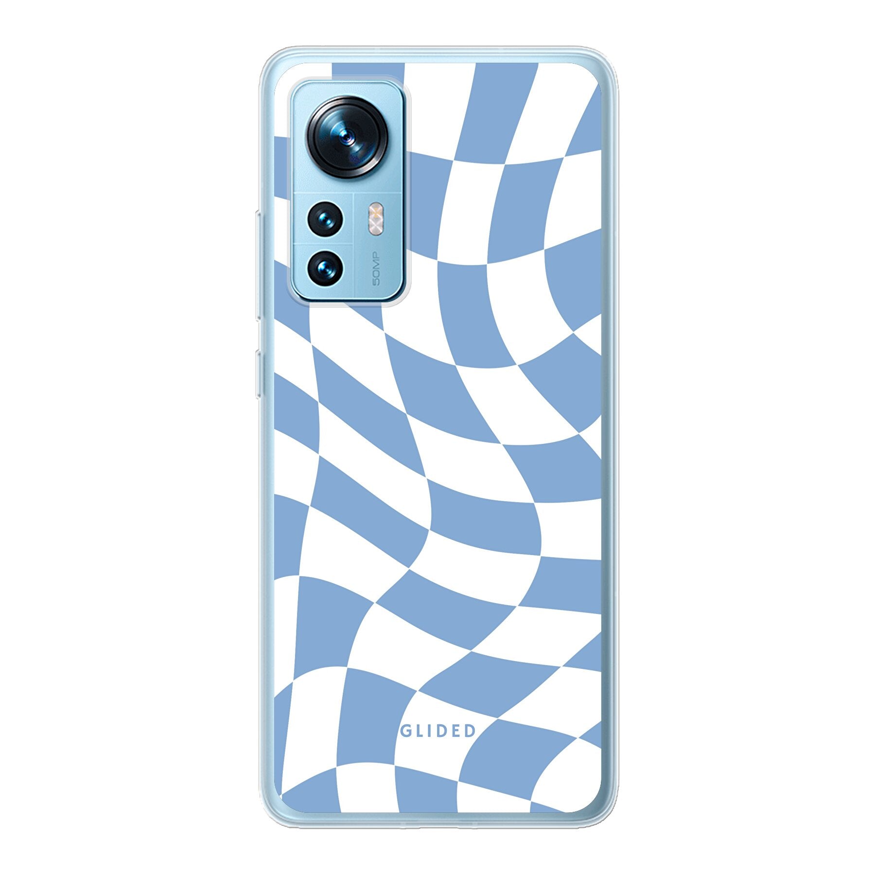 Elegante Blue Chess Hülle für Xiaomi 12 mit Schachbrettmuster in verschiedenen Blautönen, bietet stilvollen Schutz und präzisen Zugriff auf Funktionen.