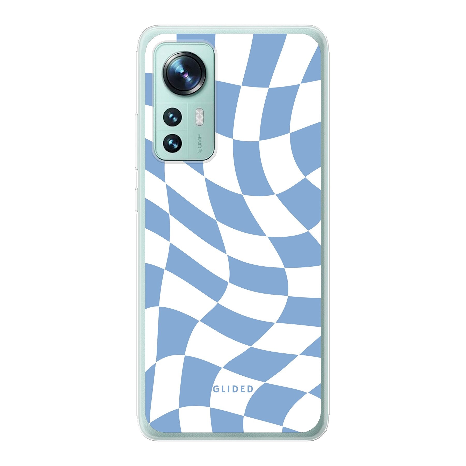 Elegante Blue Chess Handyhülle für Xiaomi 12 Pro mit Schachbrettmuster in verschiedenen Blautönen, die Stil und Schutz vereint.