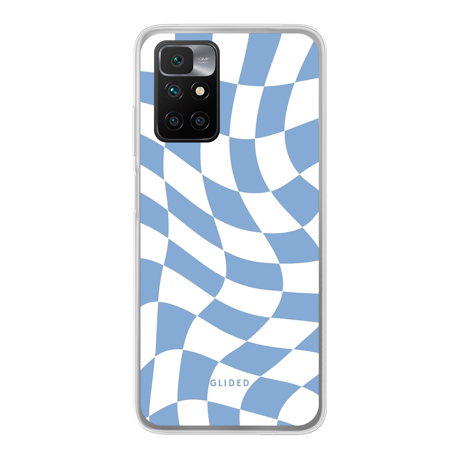 Elegante Blue Chess Handyhülle für Xiaomi Redmi 10 mit stilvollem Schachbrettmuster in verschiedenen Blautönen.