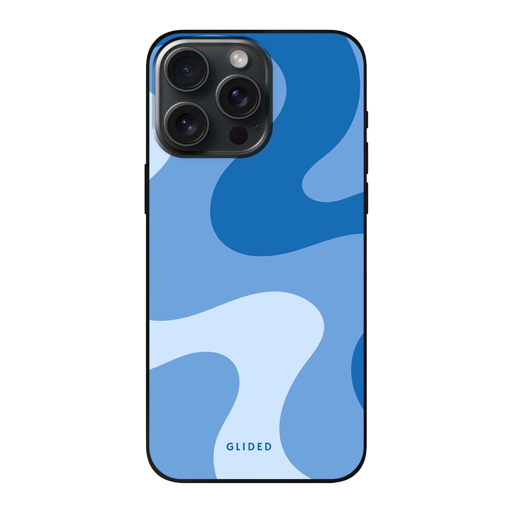 Blue Wave Handyhülle für iPhone 15 Pro Max mit abstraktem blauem Wellenmuster, bietet stilvollen Schutz und dynamisches Design.