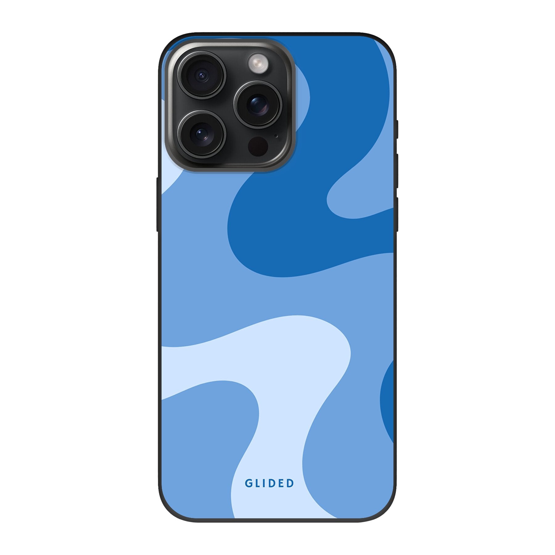 Blue Wave Handyhülle für iPhone 15 Pro Max mit abstraktem blauem Wellenmuster, bietet stilvollen Schutz und dynamisches Design.