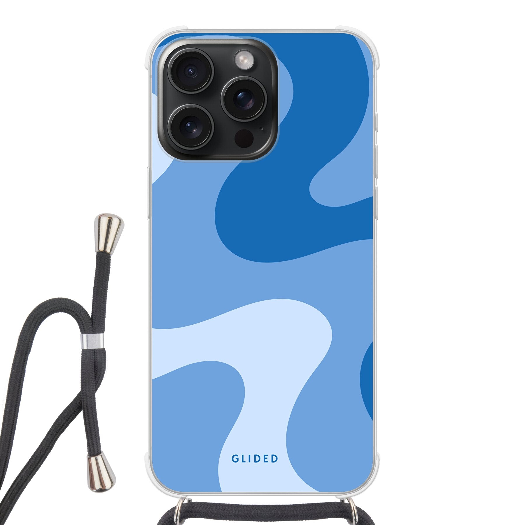 Blue Wave Handyhülle für iPhone 15 Pro Max mit abstraktem blauem Wellenmuster, bietet stilvollen Schutz und dynamisches Design.