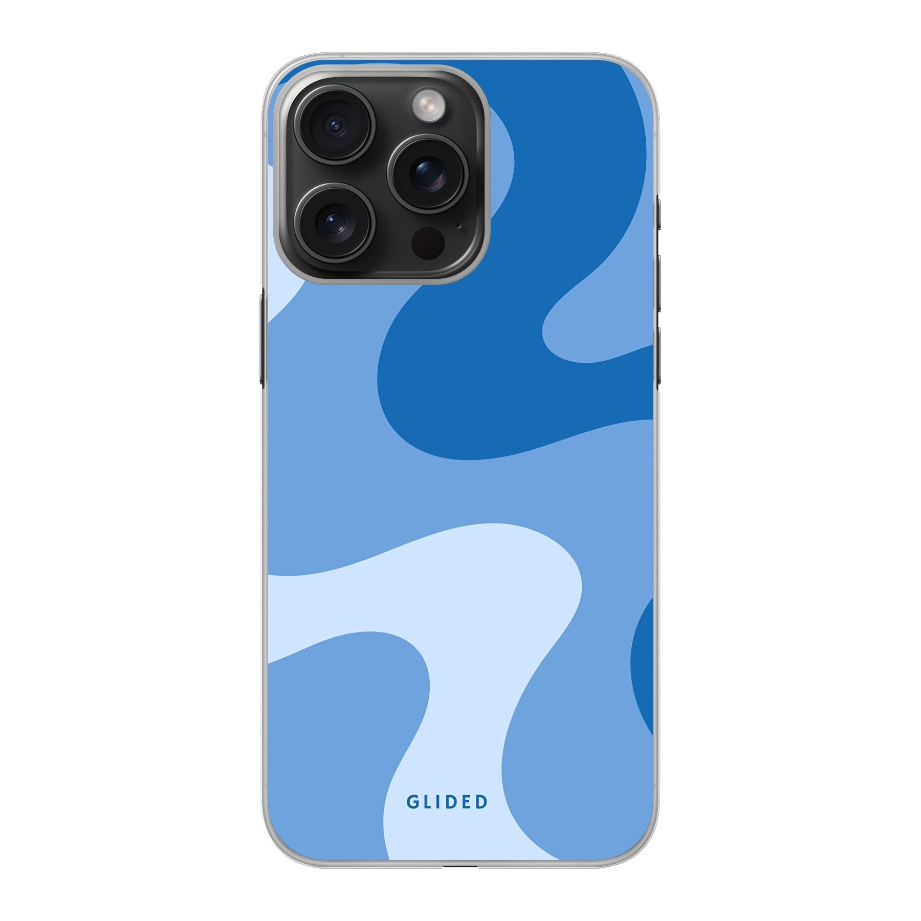 Blue Wave Handyhülle für iPhone 15 Pro Max mit abstraktem blauem Wellenmuster, bietet stilvollen Schutz und dynamisches Design.