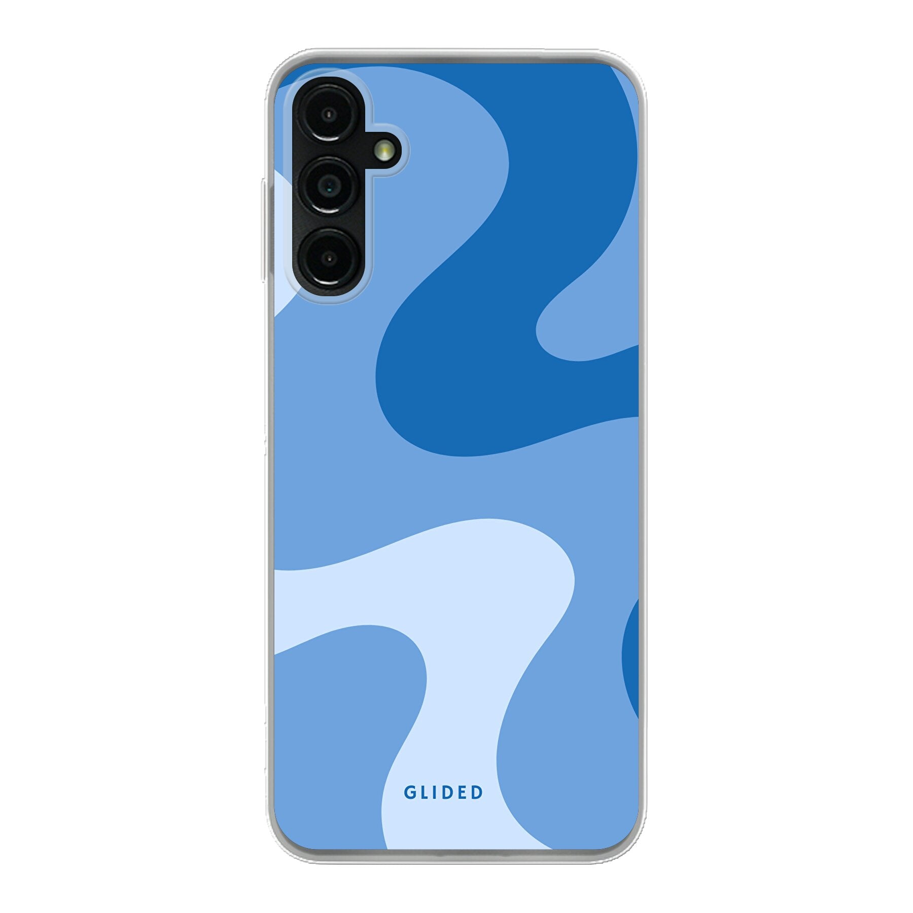 Blue Wave Handyhülle für Samsung Galaxy A14 5G mit abstraktem blauen Wellenmuster, bietet stilvollen Schutz und dynamisches Design.