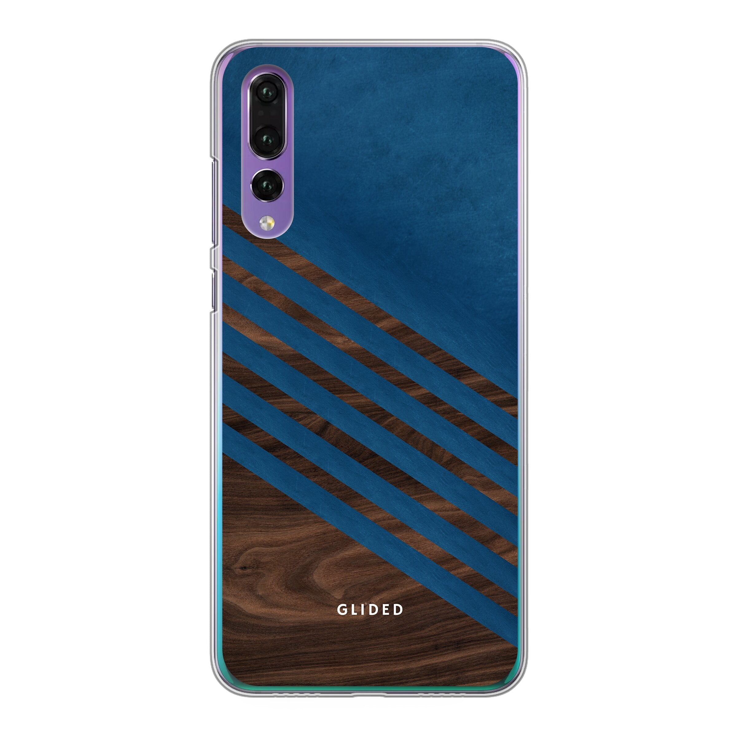 Blue Wood Handyhülle für Huawei P30 mit klassischem Holzmuster und dunkelblauem Farbblock, idealer Schutz und stilvolles Design.