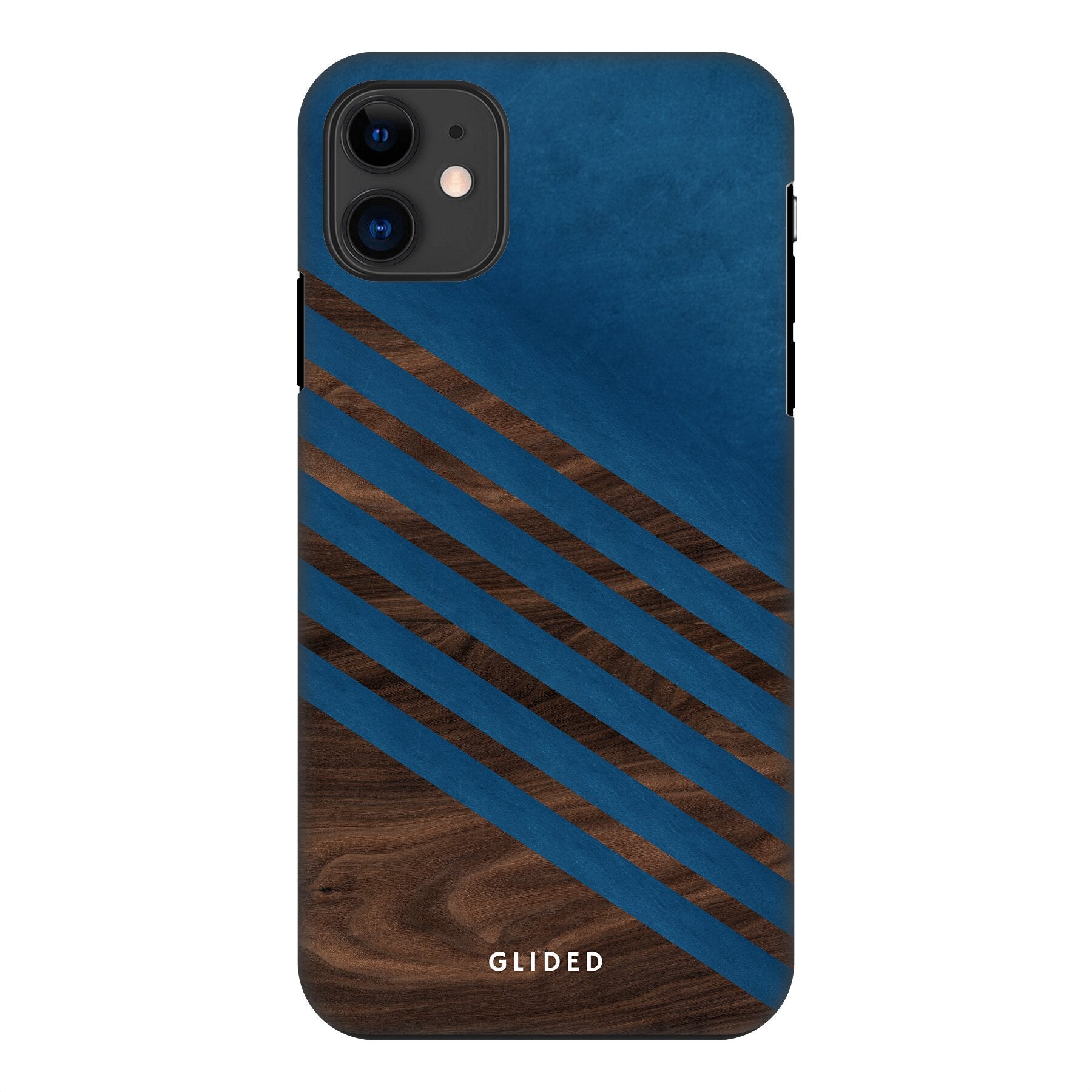 Die 'Blue Wood' iPhone 11 Handyhülle zeigt ein klassisches Holzmuster mit einem markanten dunkelblauen Farbblock, ideal für stilbewusste Nutzer.