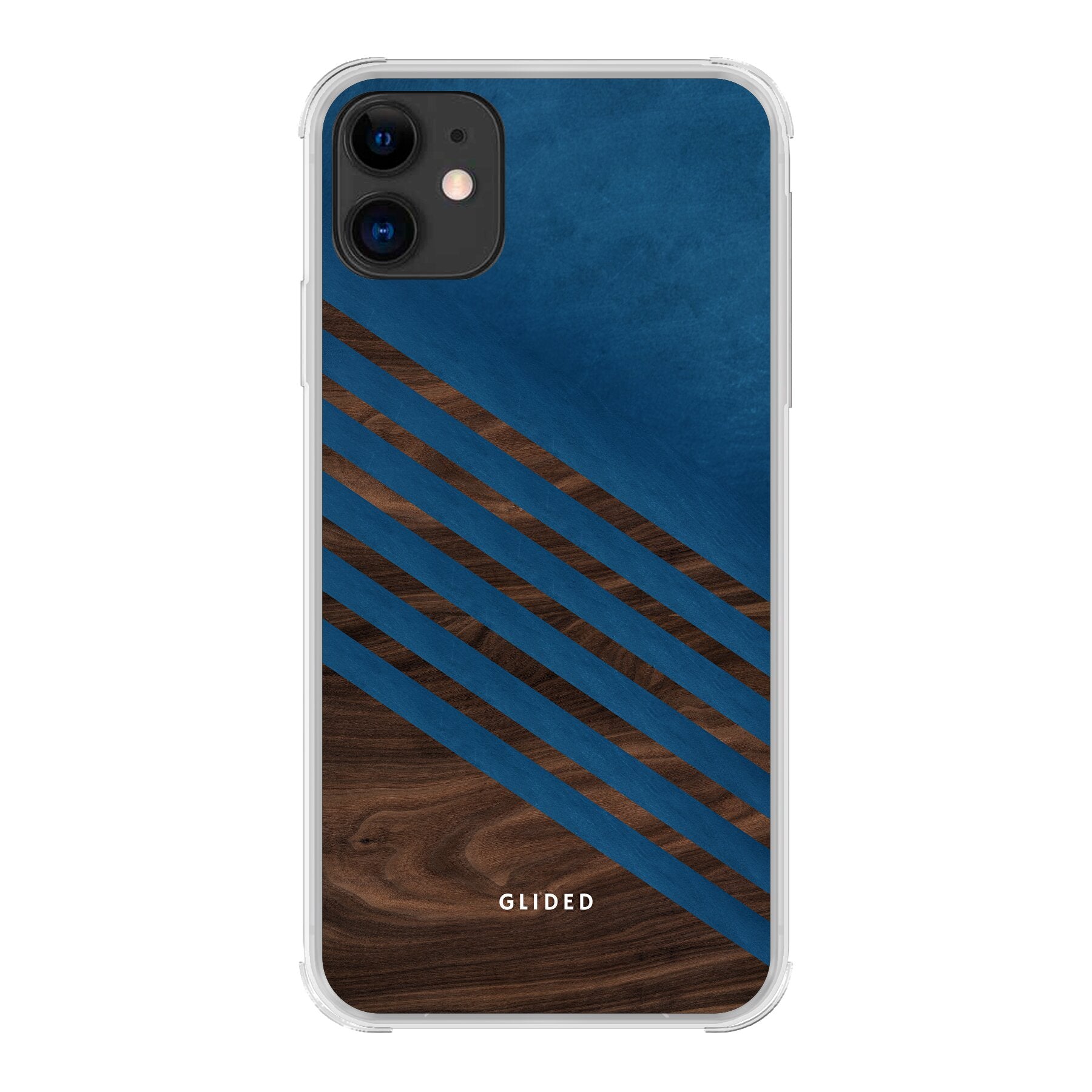 Die 'Blue Wood' iPhone 11 Handyhülle zeigt ein klassisches Holzmuster mit einem markanten dunkelblauen Farbblock, ideal für stilbewusste Nutzer.