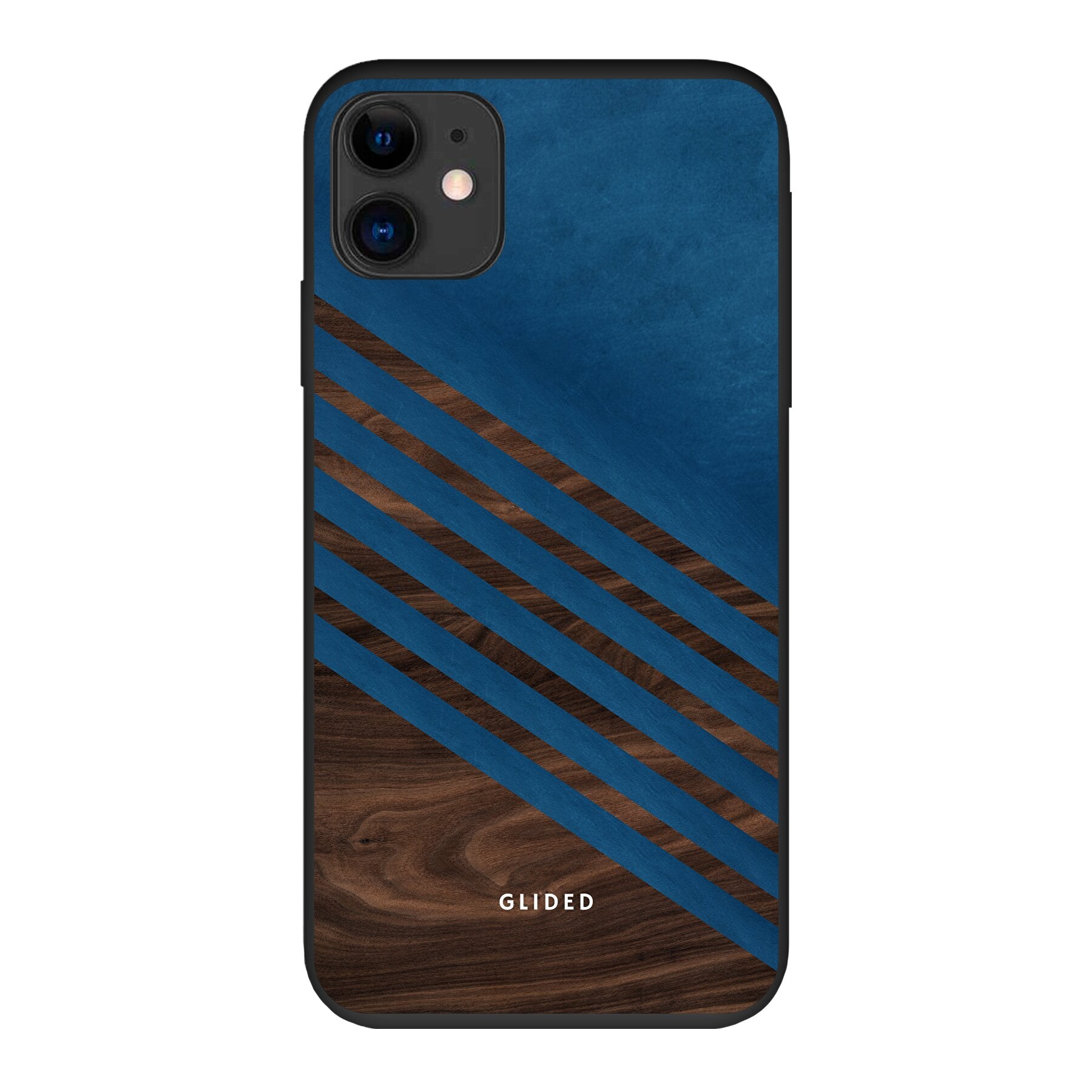 Die 'Blue Wood' iPhone 11 Handyhülle zeigt ein klassisches Holzmuster mit einem markanten dunkelblauen Farbblock, ideal für stilbewusste Nutzer.