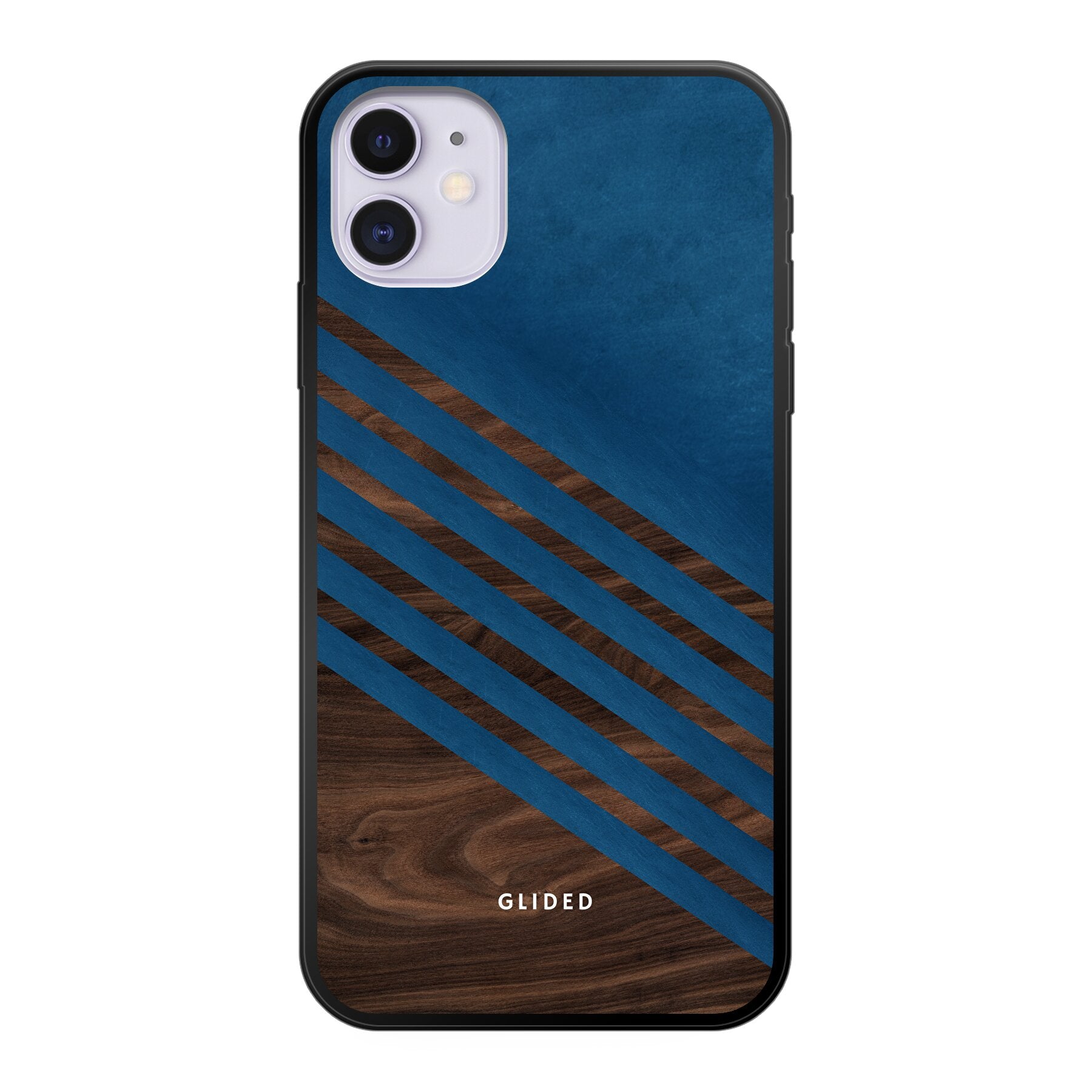 Die 'Blue Wood' iPhone 11 Handyhülle zeigt ein klassisches Holzmuster mit einem markanten dunkelblauen Farbblock, ideal für stilbewusste Nutzer.