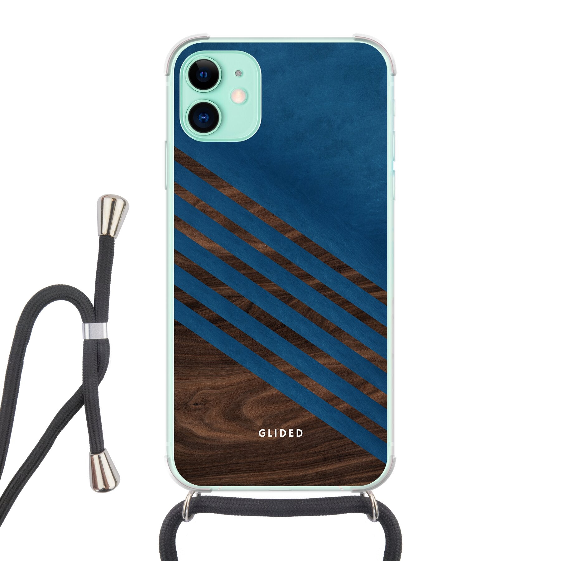 Die 'Blue Wood' iPhone 11 Handyhülle zeigt ein klassisches Holzmuster mit einem markanten dunkelblauen Farbblock, ideal für stilbewusste Nutzer.