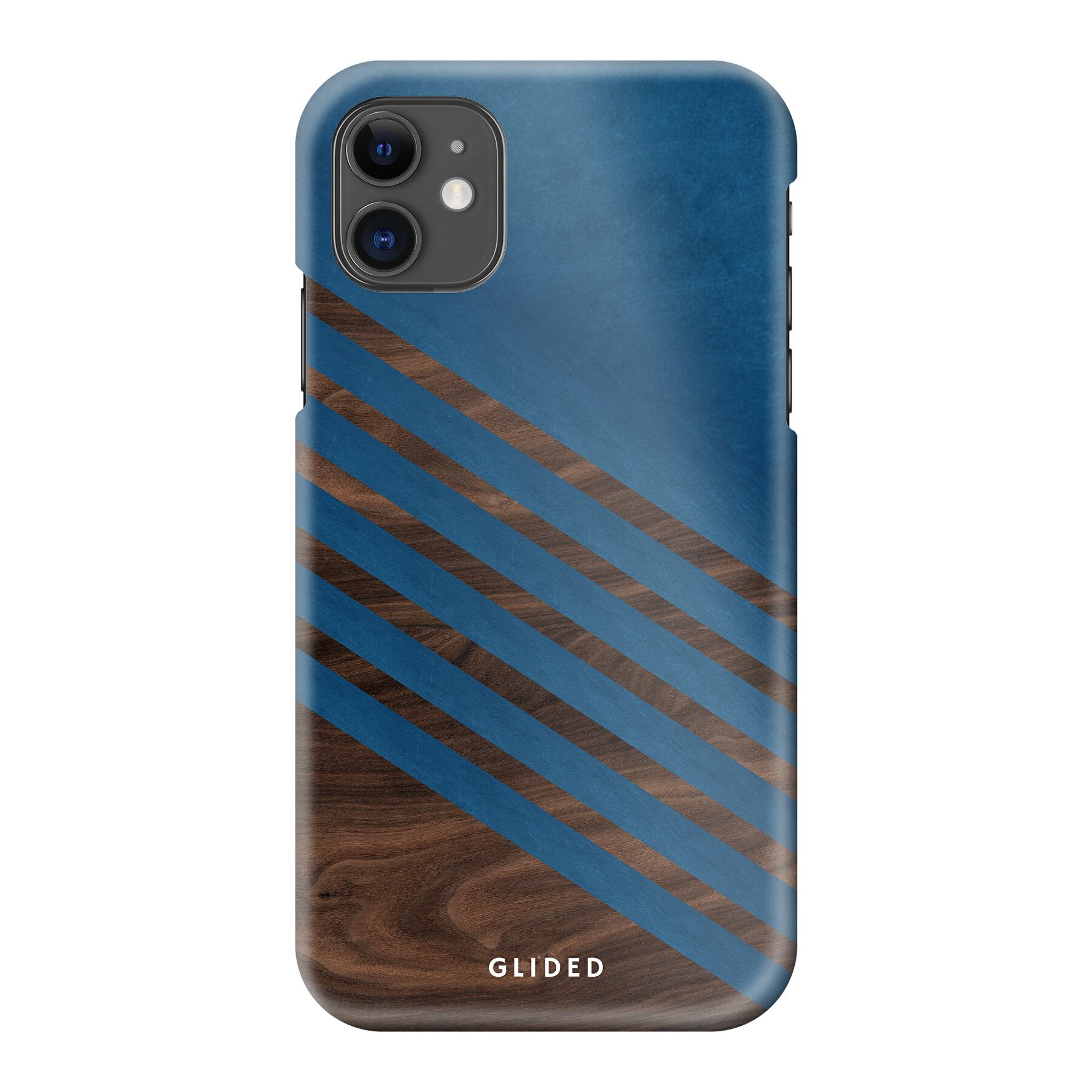 Die 'Blue Wood' iPhone 11 Handyhülle zeigt ein klassisches Holzmuster mit einem markanten dunkelblauen Farbblock, ideal für stilbewusste Nutzer.