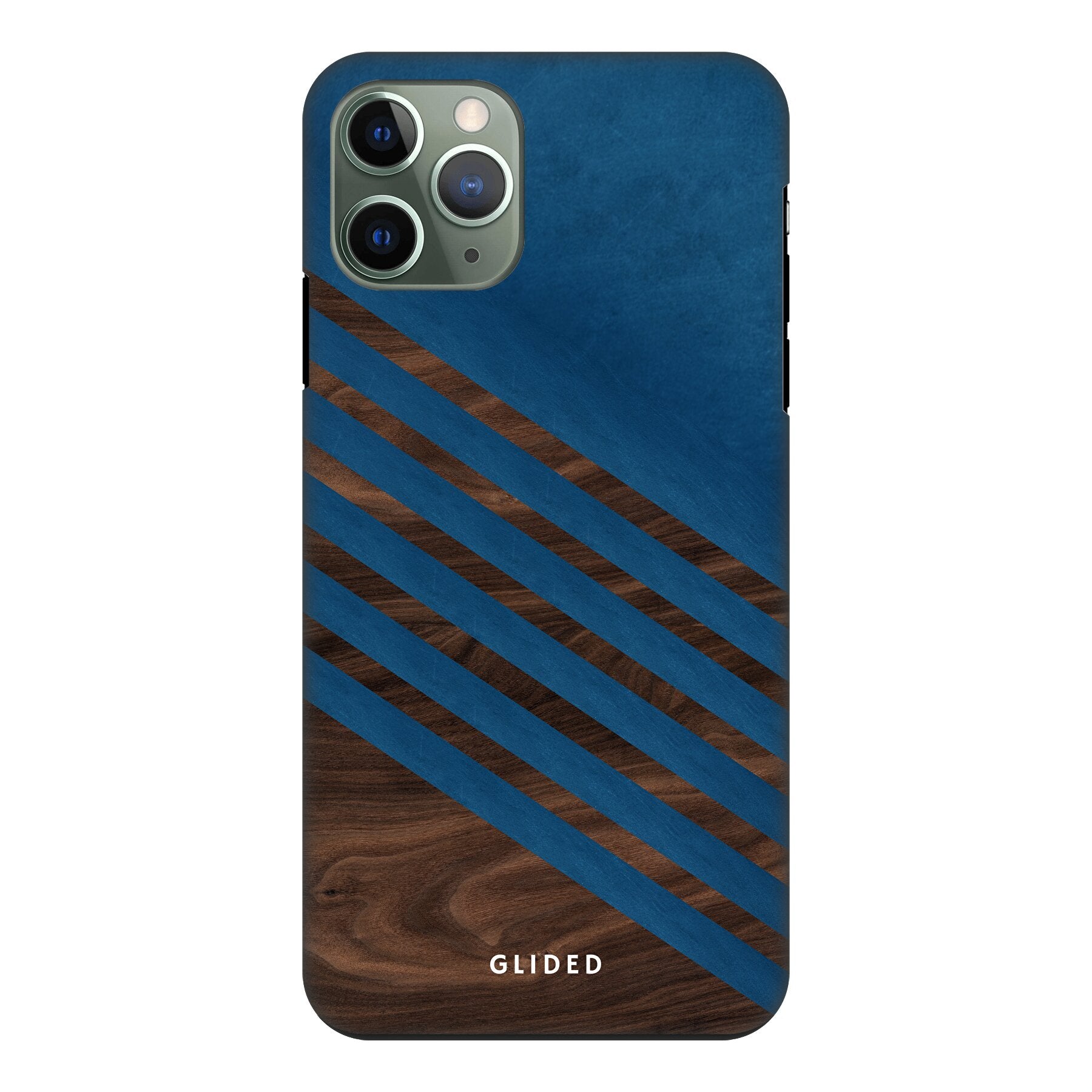 Die 'Blue Wood' iPhone 11 Pro Handyhülle mit klassischem Holzmuster und dunkelblauem Farbblock, idealer Schutz und stilvolles Design.