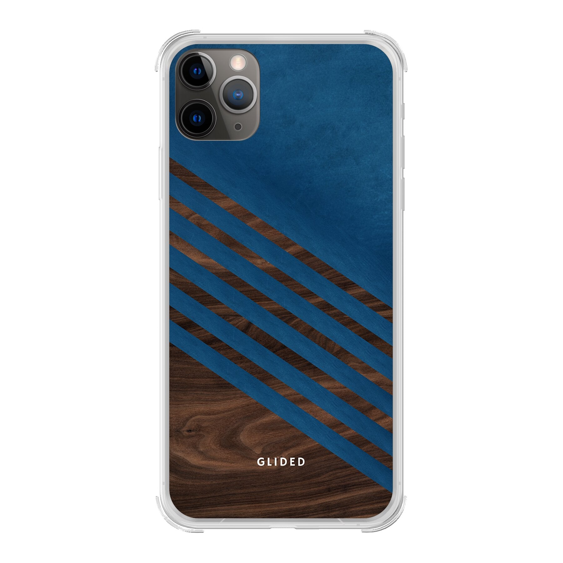 Die 'Blue Wood' iPhone 11 Pro Handyhülle mit klassischem Holzmuster und dunkelblauem Farbblock, idealer Schutz und stilvolles Design.