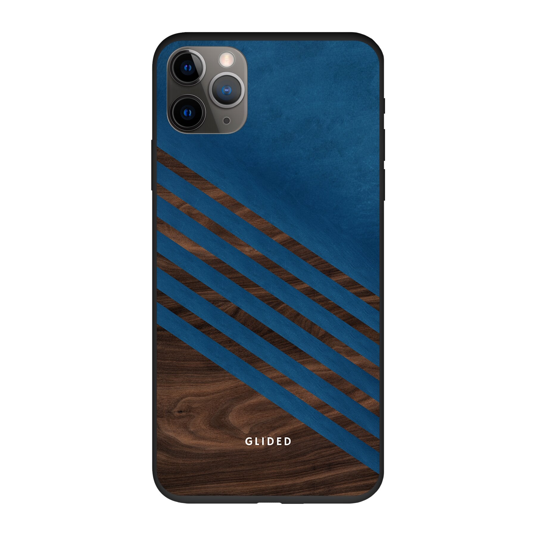 Die 'Blue Wood' iPhone 11 Pro Handyhülle mit klassischem Holzmuster und dunkelblauem Farbblock, idealer Schutz und stilvolles Design.