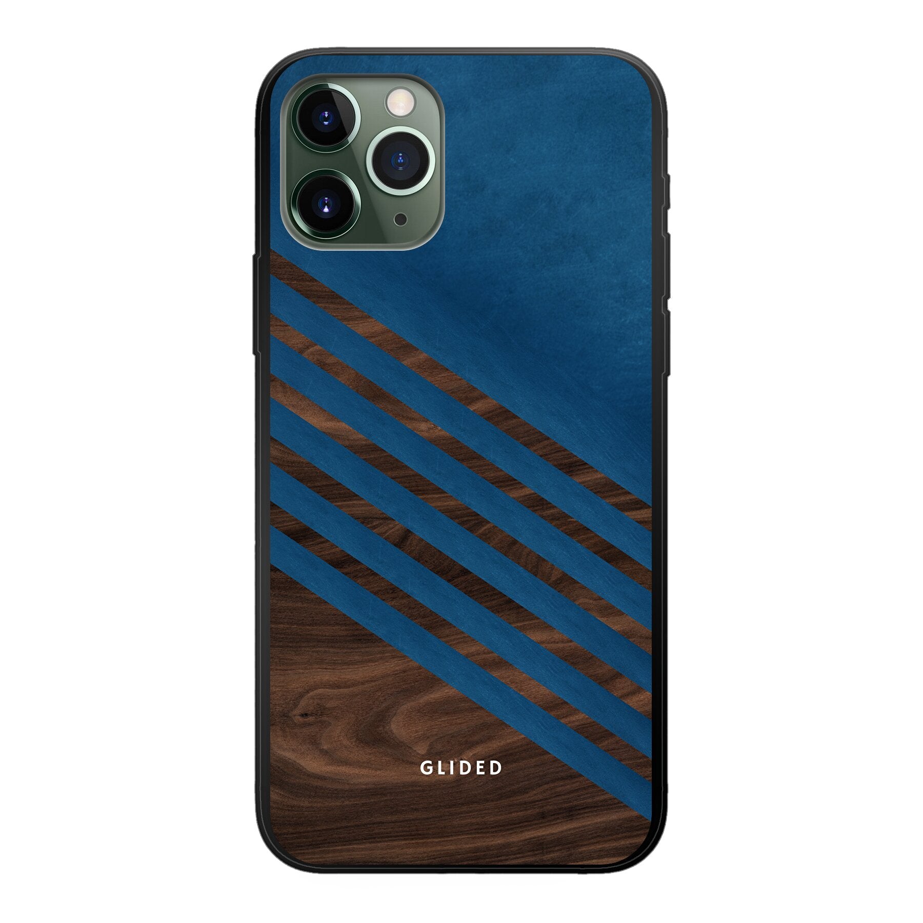 Die 'Blue Wood' iPhone 11 Pro Handyhülle mit klassischem Holzmuster und dunkelblauem Farbblock, idealer Schutz und stilvolles Design.