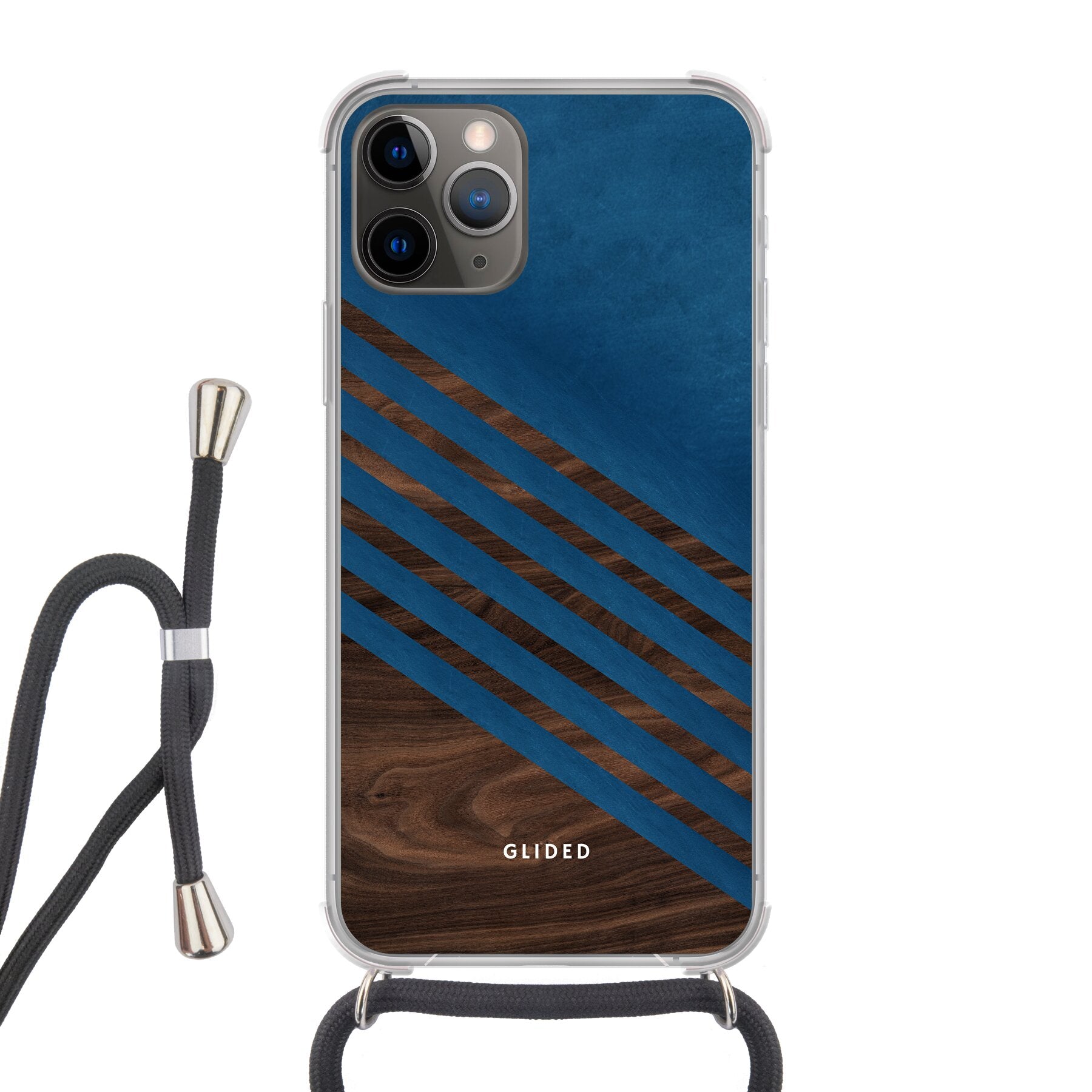 Die 'Blue Wood' iPhone 11 Pro Handyhülle mit klassischem Holzmuster und dunkelblauem Farbblock, idealer Schutz und stilvolles Design.