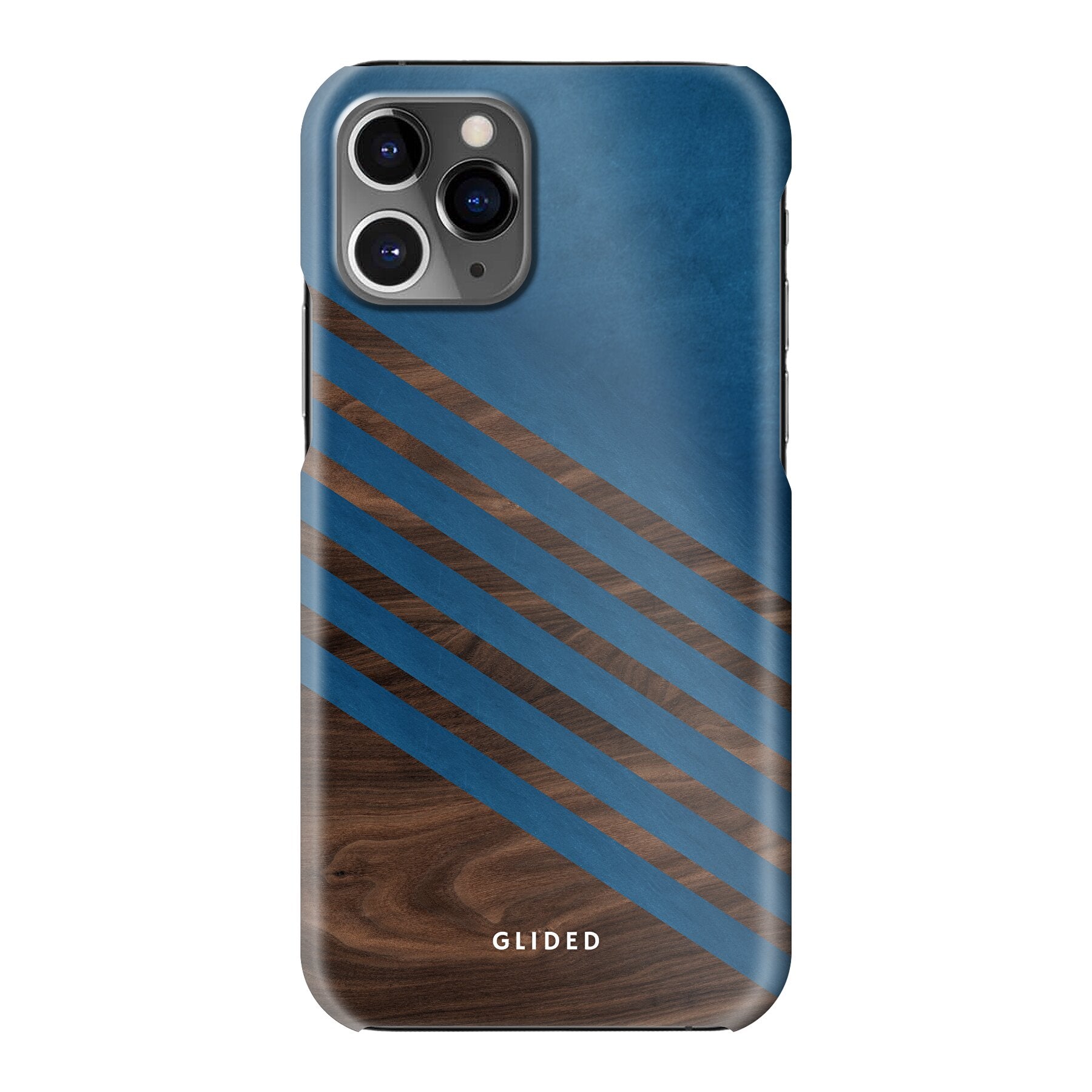 Die 'Blue Wood' iPhone 11 Pro Handyhülle mit klassischem Holzmuster und dunkelblauem Farbblock, idealer Schutz und stilvolles Design.