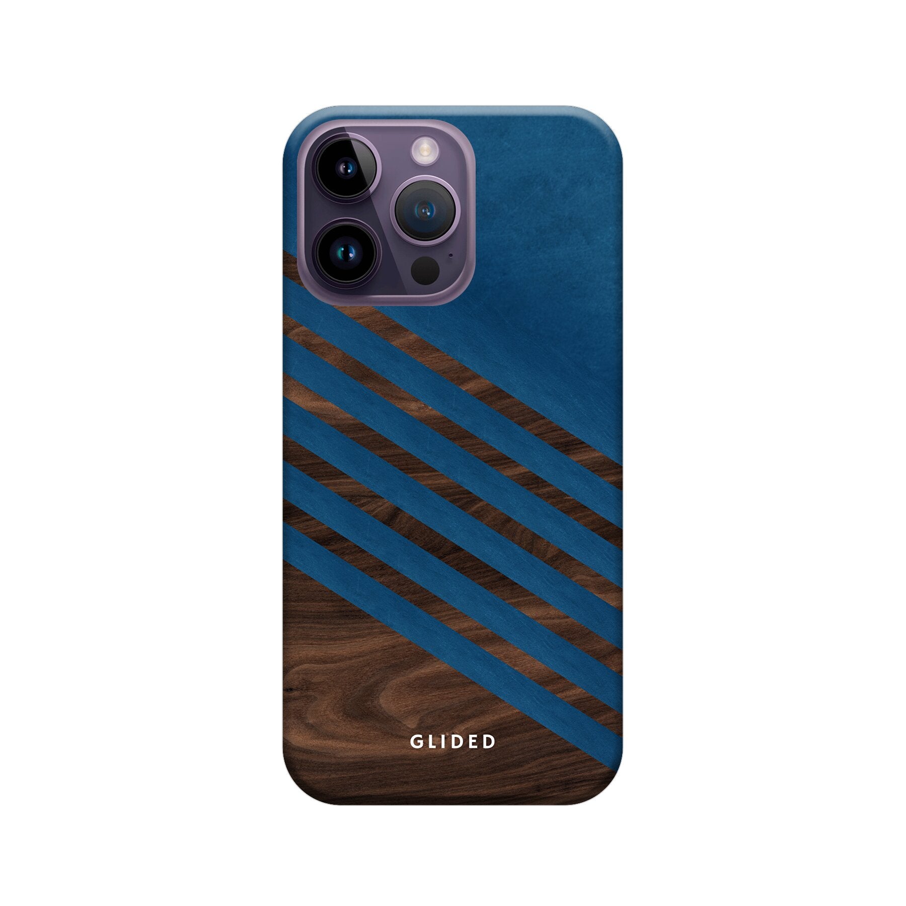 Blue Wood Handyhülle für iPhone 14 Pro Max mit klassischem Holzmuster und dunkelblauem Farbblock, stilvoll und schützend.