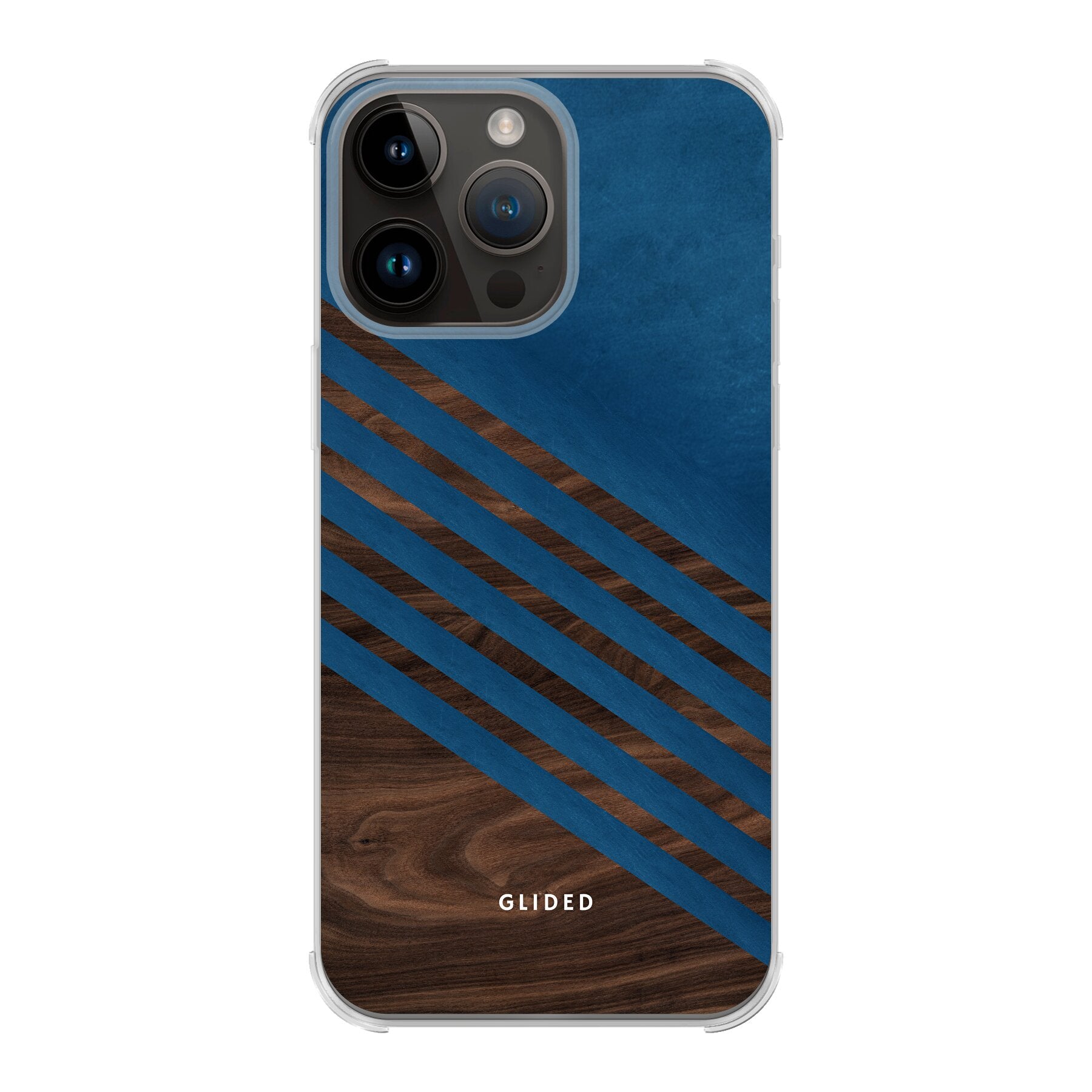 Blue Wood Handyhülle für iPhone 14 Pro Max mit klassischem Holzmuster und dunkelblauem Farbblock, stilvoll und schützend.