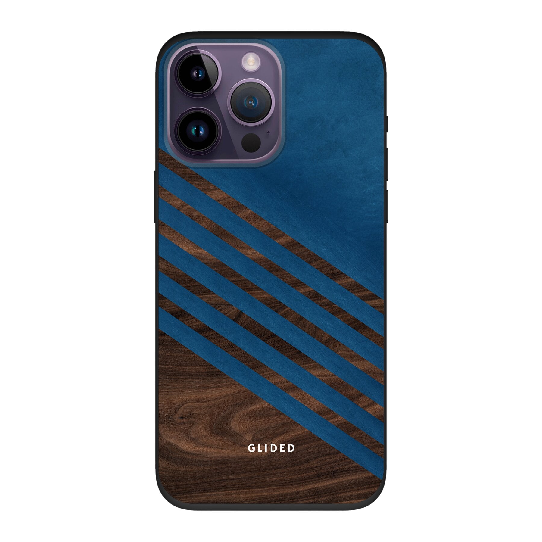 Blue Wood Handyhülle für iPhone 14 Pro Max mit klassischem Holzmuster und dunkelblauem Farbblock, stilvoll und schützend.