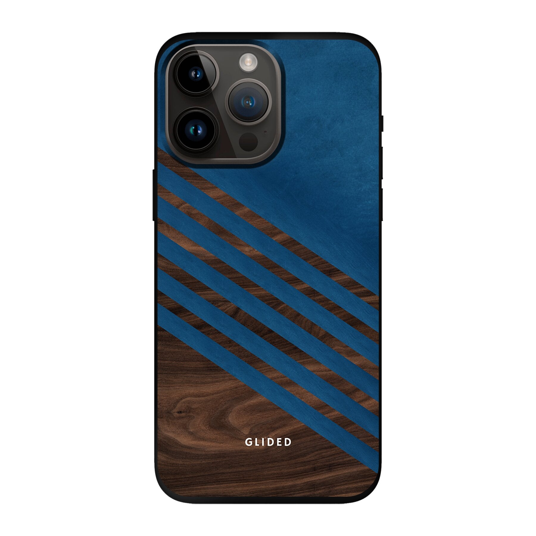 Blue Wood Handyhülle für iPhone 14 Pro Max mit klassischem Holzmuster und dunkelblauem Farbblock, stilvoll und schützend.