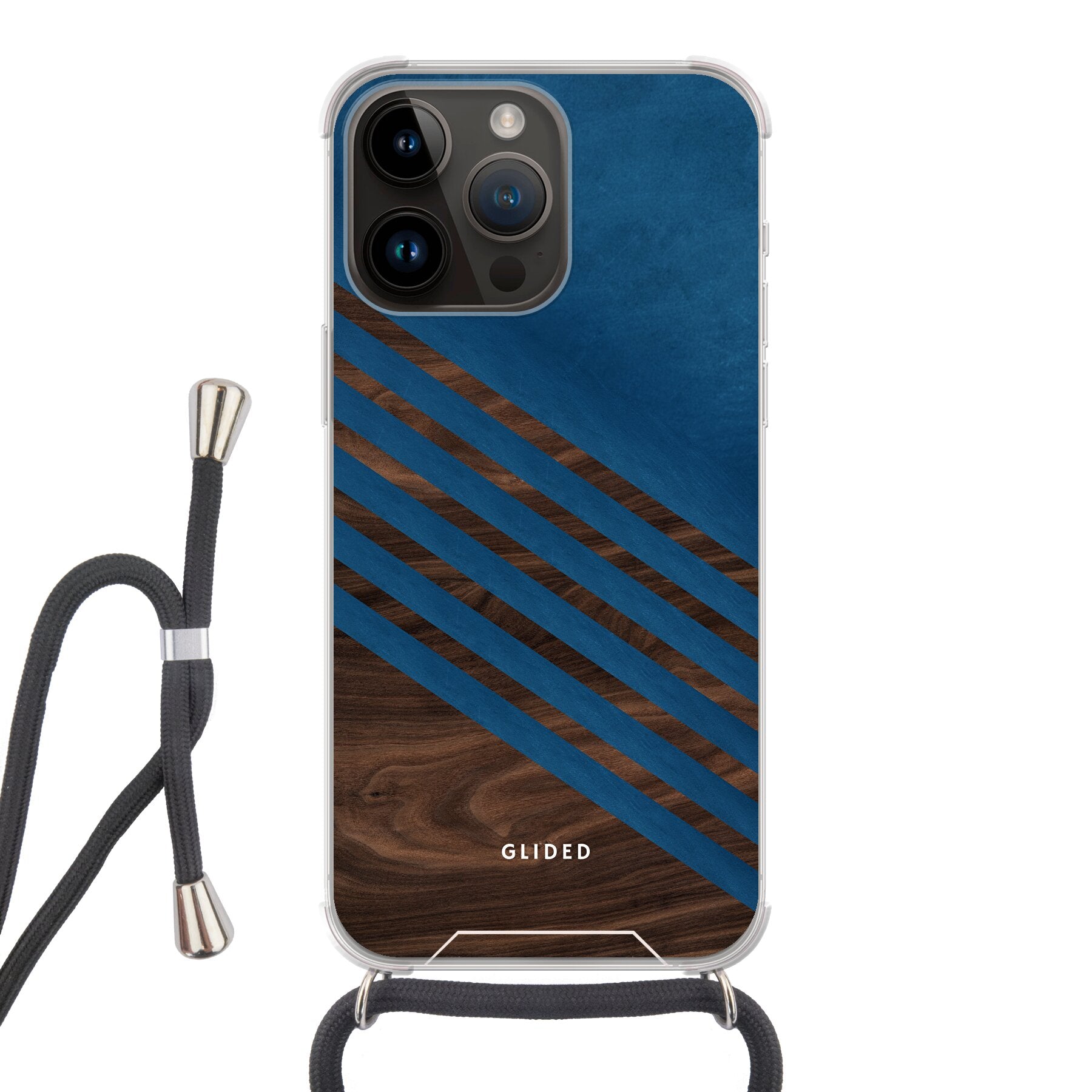 Blue Wood Handyhülle für iPhone 14 Pro Max mit klassischem Holzmuster und dunkelblauem Farbblock, stilvoll und schützend.