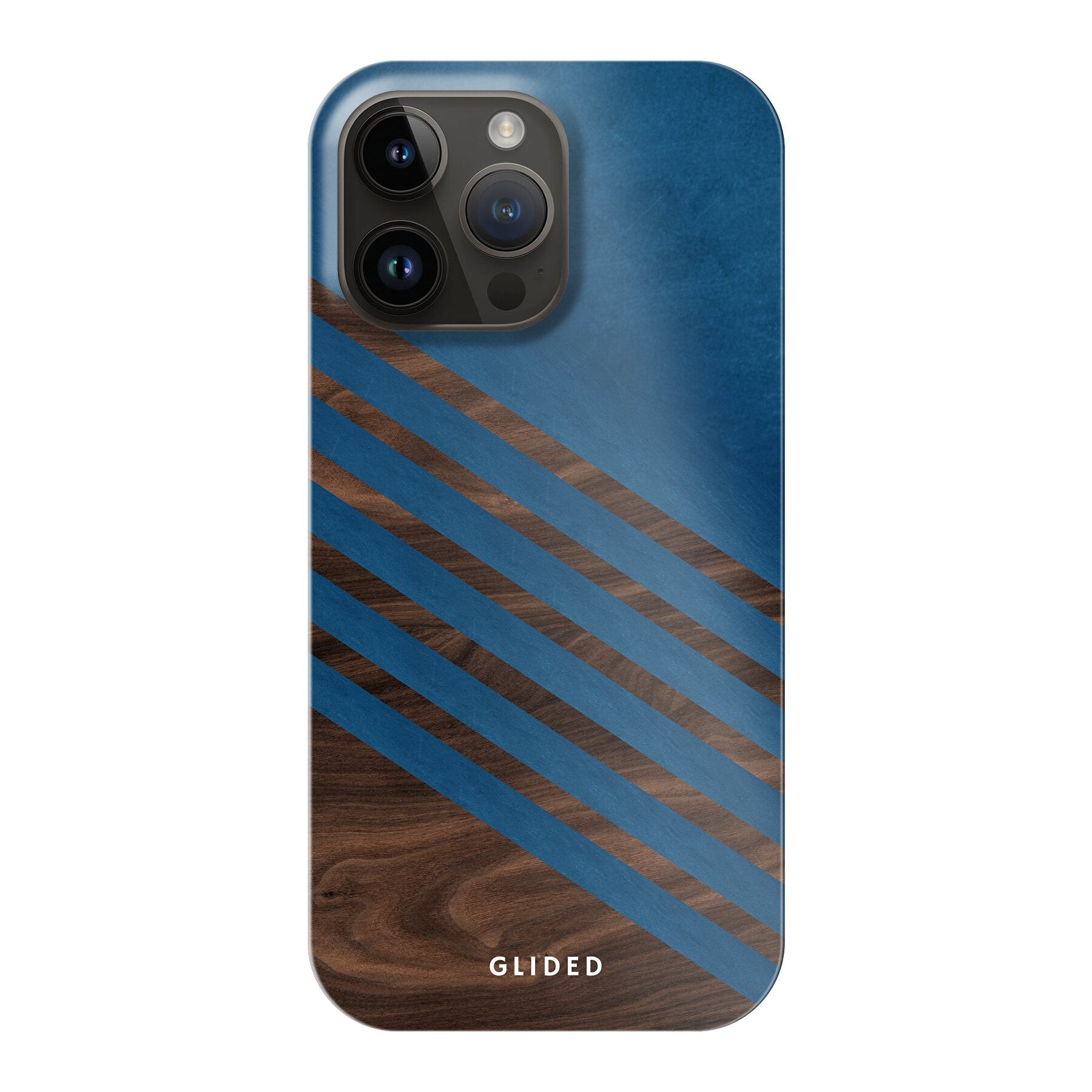 Blue Wood Handyhülle für iPhone 14 Pro Max mit klassischem Holzmuster und dunkelblauem Farbblock, stilvoll und schützend.