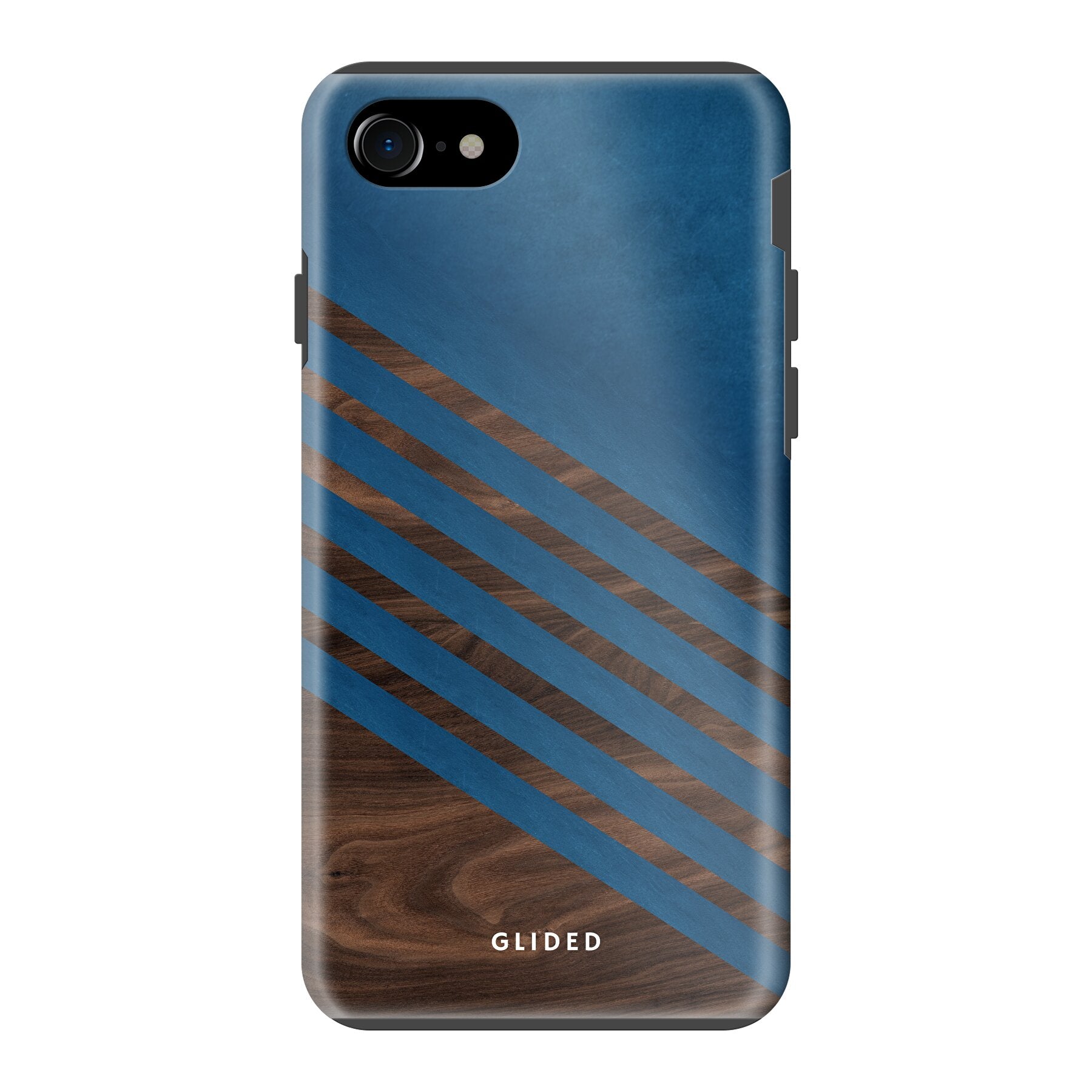 Blue Wood Handyhülle für iPhone SE 2020 mit klassischem Holzmuster und dunkelblauem Farbblock, stilvoll und schützend.