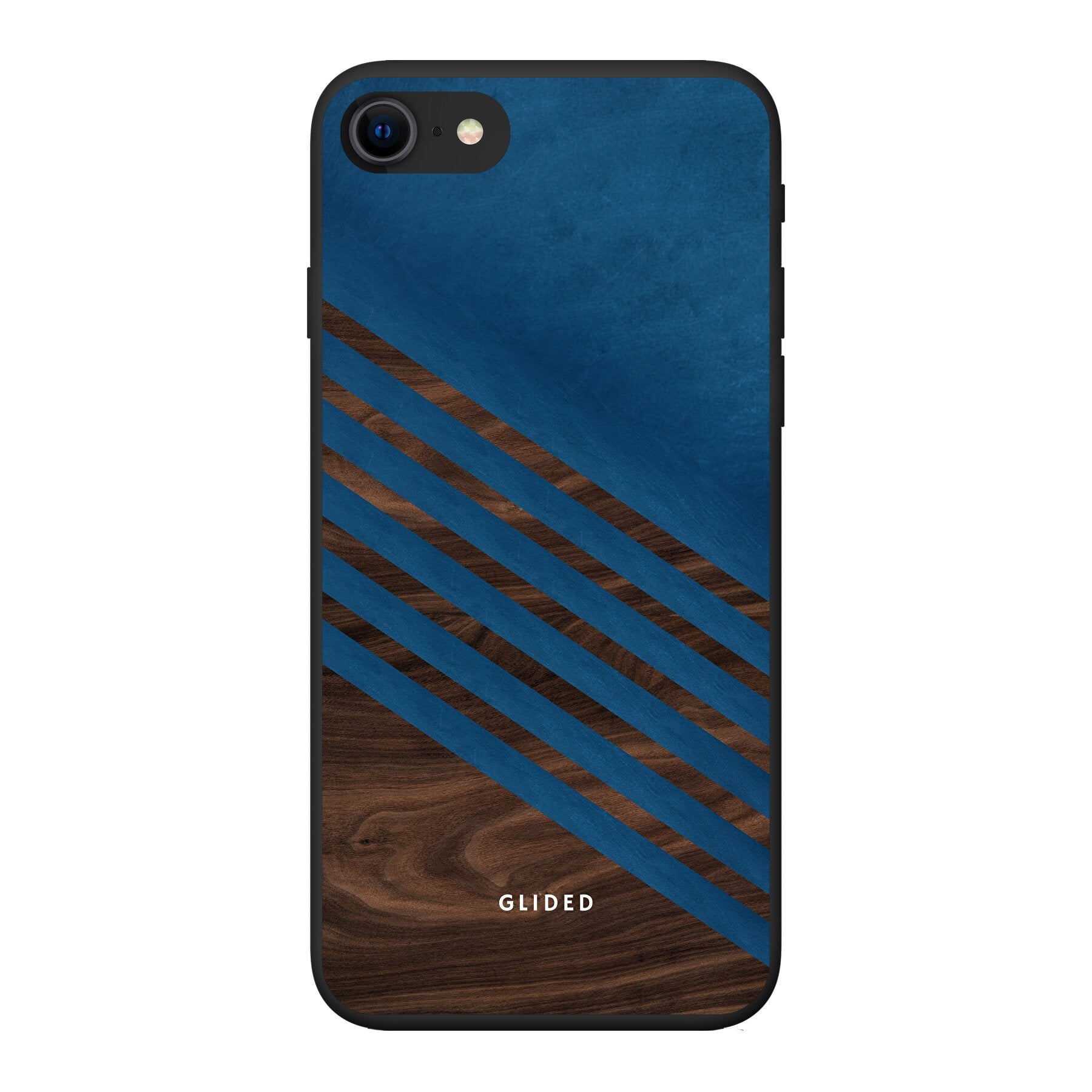 Blue Wood Handyhülle für iPhone SE 2020 mit klassischem Holzmuster und dunkelblauem Farbblock, stilvoll und schützend.