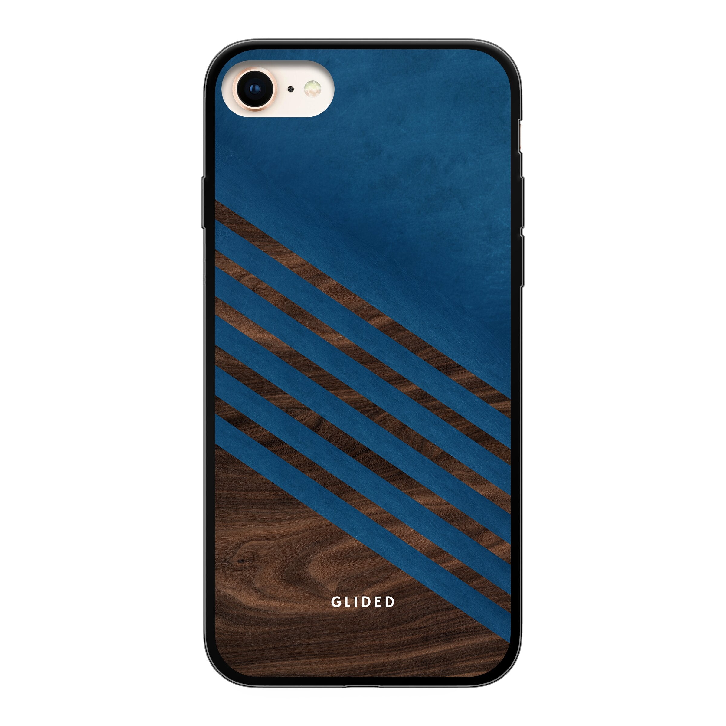 Blue Wood Handyhülle für iPhone SE 2020 mit klassischem Holzmuster und dunkelblauem Farbblock, stilvoll und schützend.