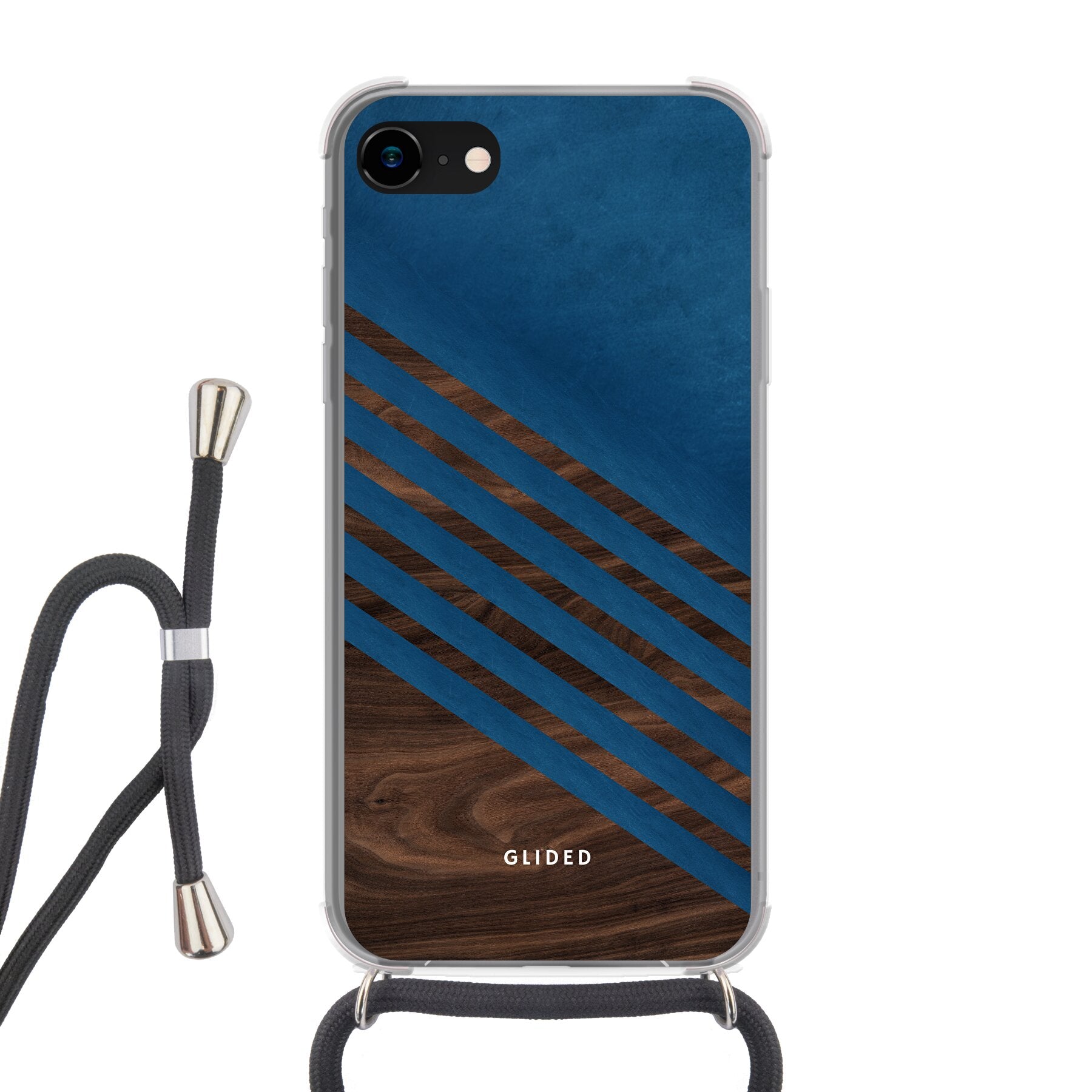 Blue Wood Handyhülle für iPhone SE 2020 mit klassischem Holzmuster und dunkelblauem Farbblock, stilvoll und schützend.