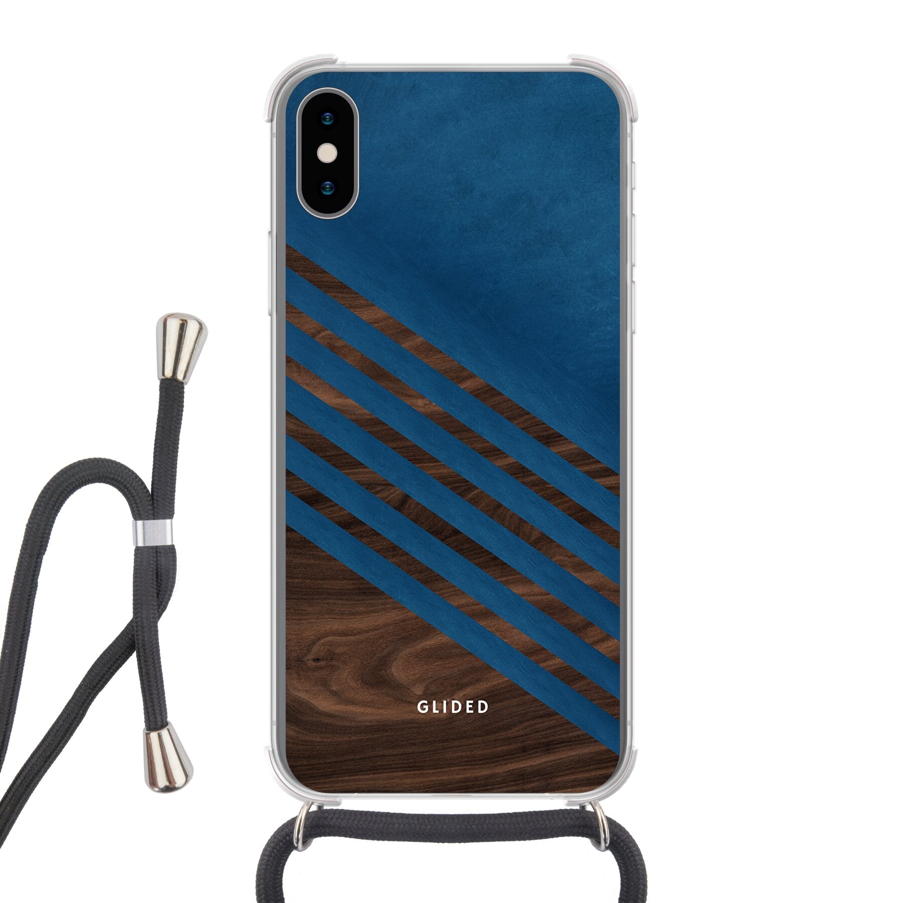 Blue Wood Handyhülle für iPhone X/Xs mit klassischem Holzmuster und dunkelblauem Farbblock, stilvoll und schützend.