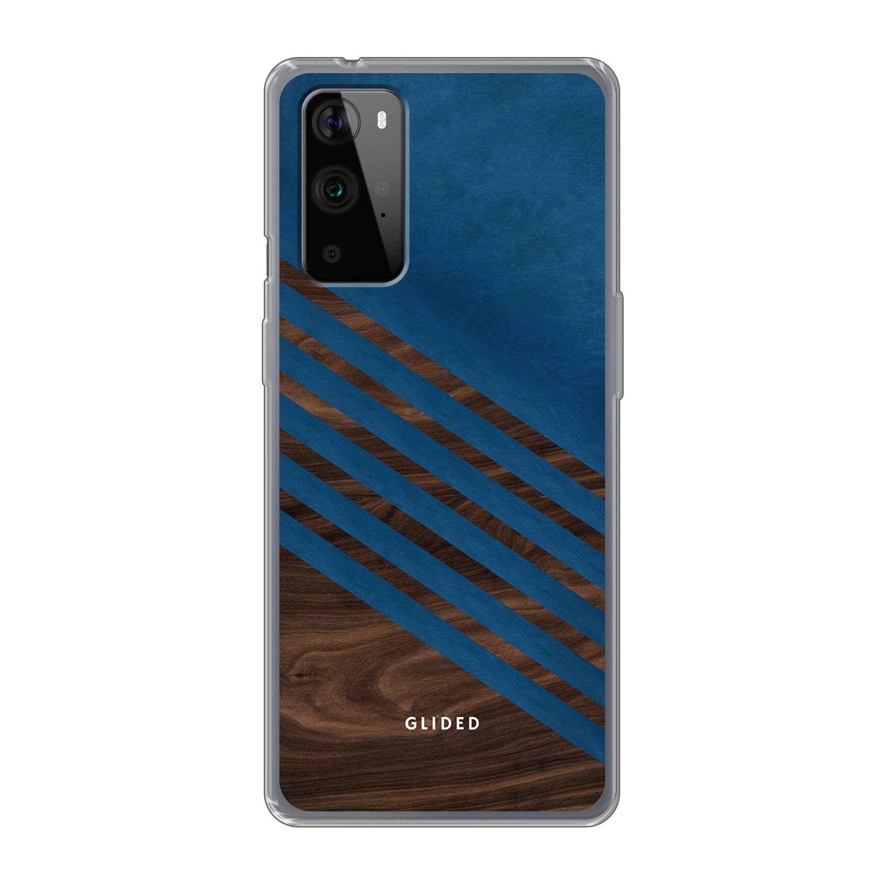 Blue Wood Handyhülle für OnePlus 9 Pro mit klassischem Holzmuster und dunkelblauem Farbblock, stilvoll und schützend.