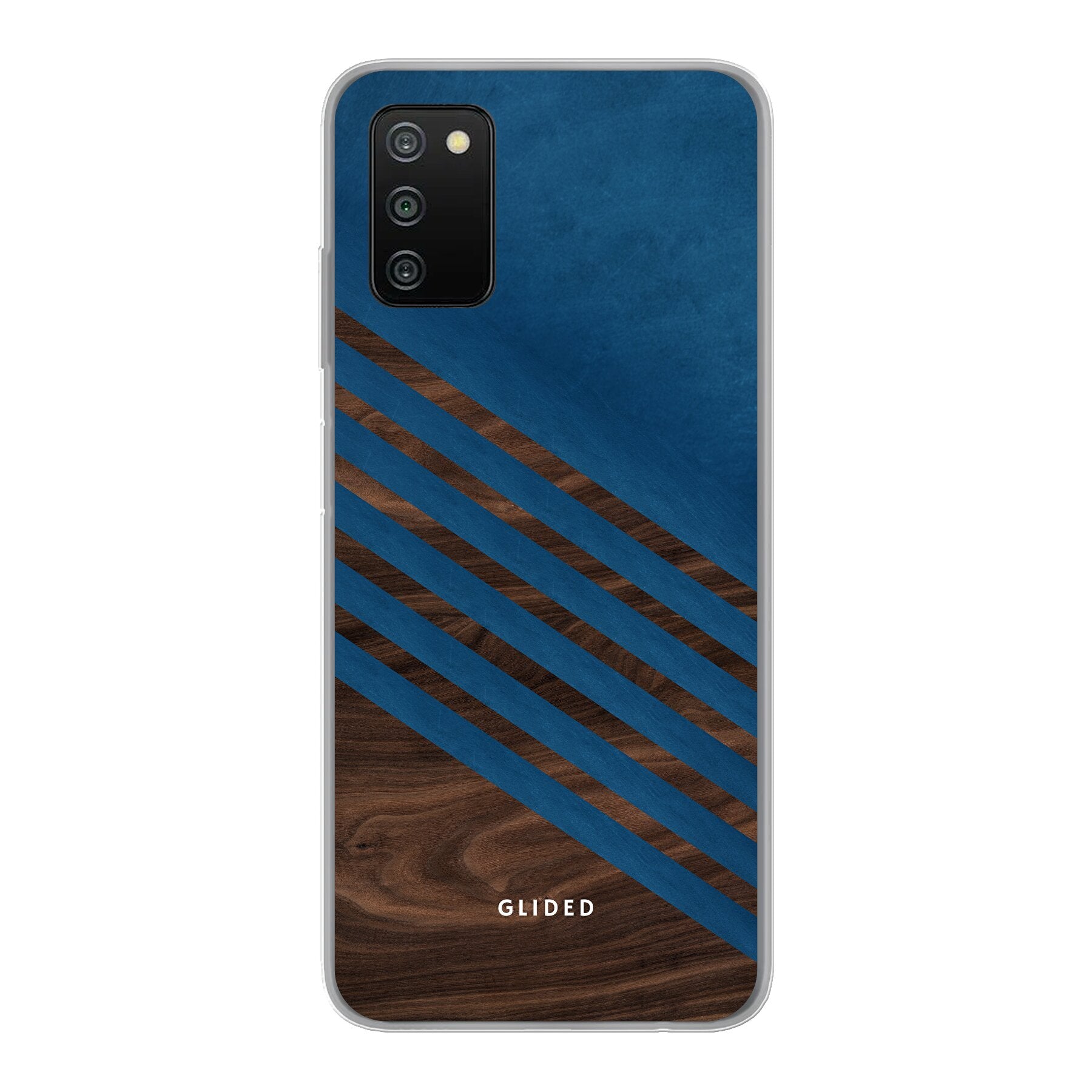 Blue Wood Handyhülle für Samsung Galaxy A03s mit klassischem Holzmuster und dunkelblauem Farbblock, stilvoll und schützend.