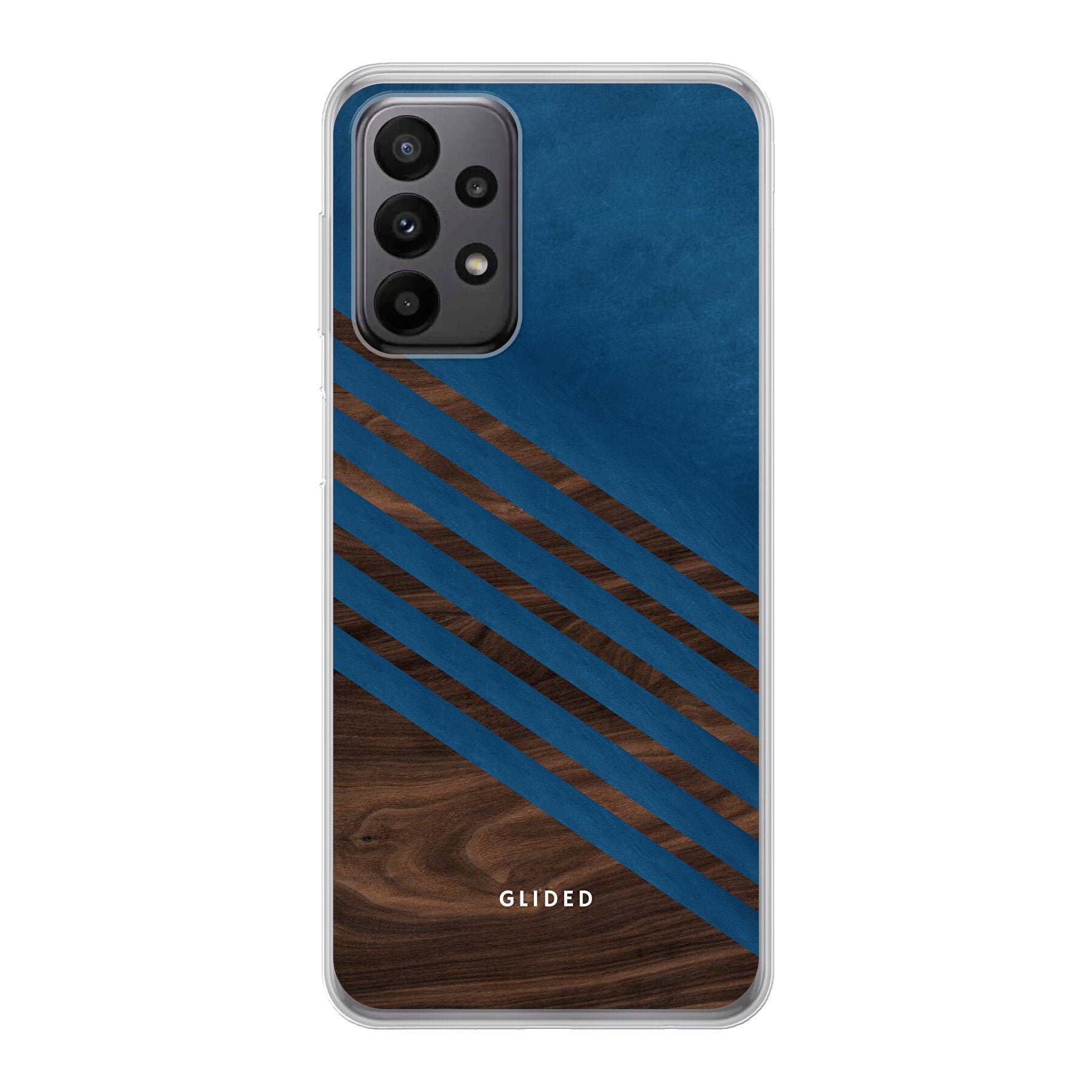 Blue Wood Handyhülle für Samsung Galaxy A23 5G mit klassischem Holzmuster und dunkelblauem Farbblock, stilvoll und schützend.