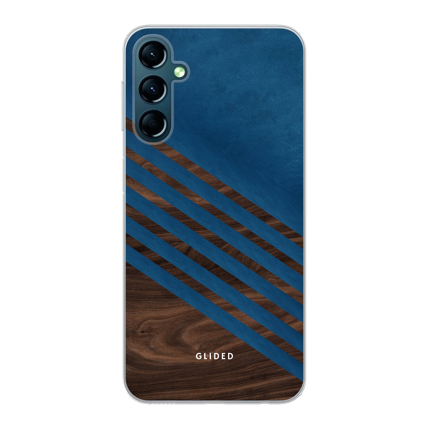 Blue Wood Handyhülle für Samsung Galaxy A24 4g mit klassischem Holzmuster und dunkelblauem Farbblock, stilvoll und schützend.