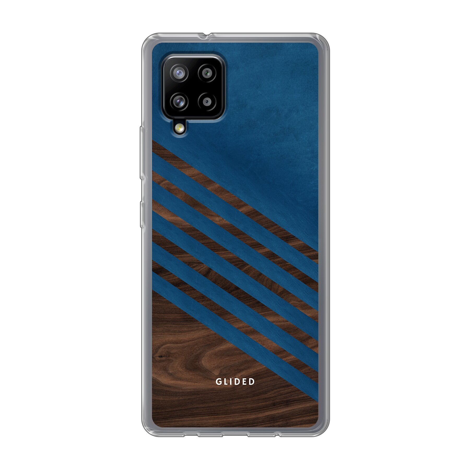 Blue Wood Handyhülle für Samsung Galaxy A42 5G mit klassischem Holzmuster und dunkelblauem Farbblock, stilvoll und schützend.