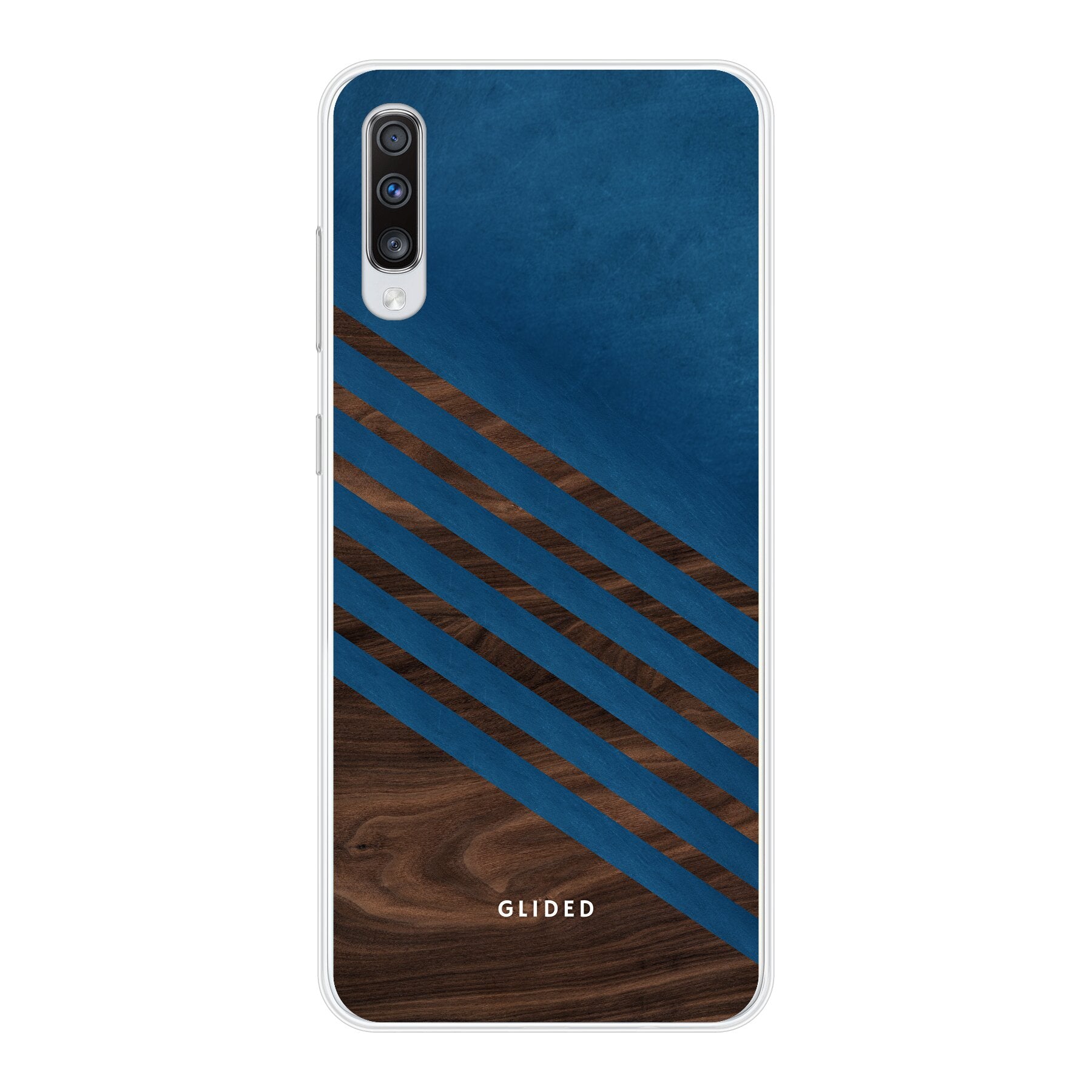 Blue Wood Handyhülle für Samsung Galaxy A70 mit klassischem Holzmuster und dunkelblauem Farbblock, idealer Schutz und stilvolles Design.