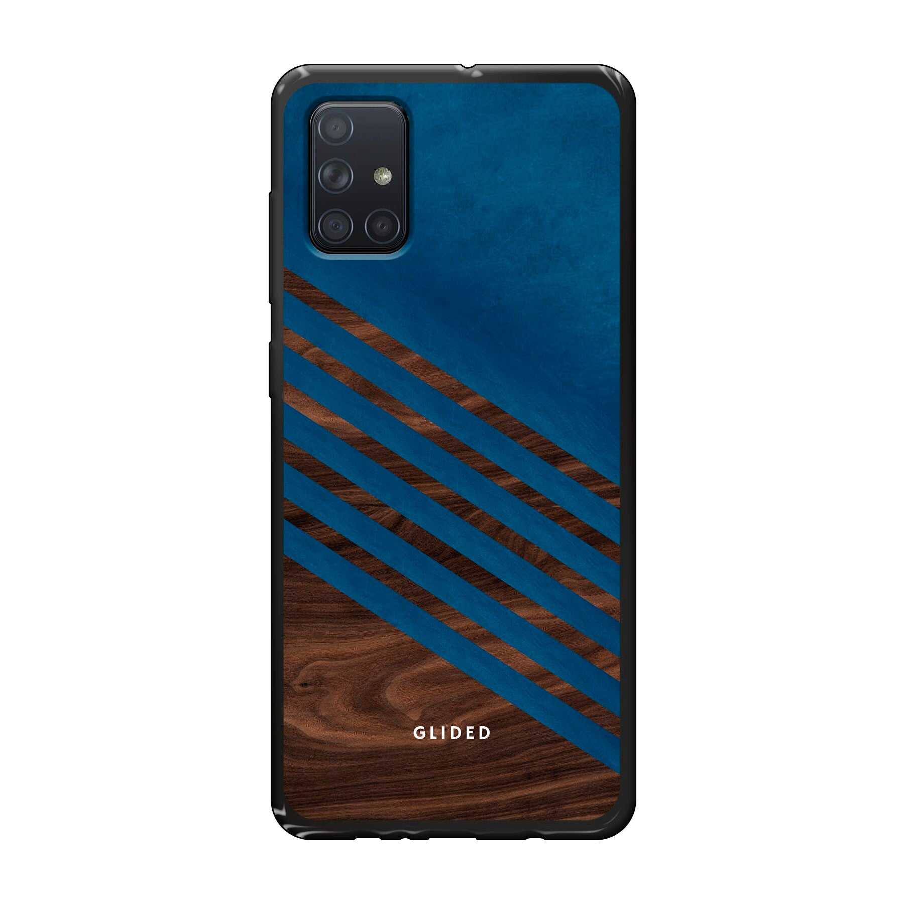 Blue Wood Handyhülle für Samsung Galaxy A71 mit klassischem Holzmuster und dunkelblauem Farbblock, stilvoll und schützend.